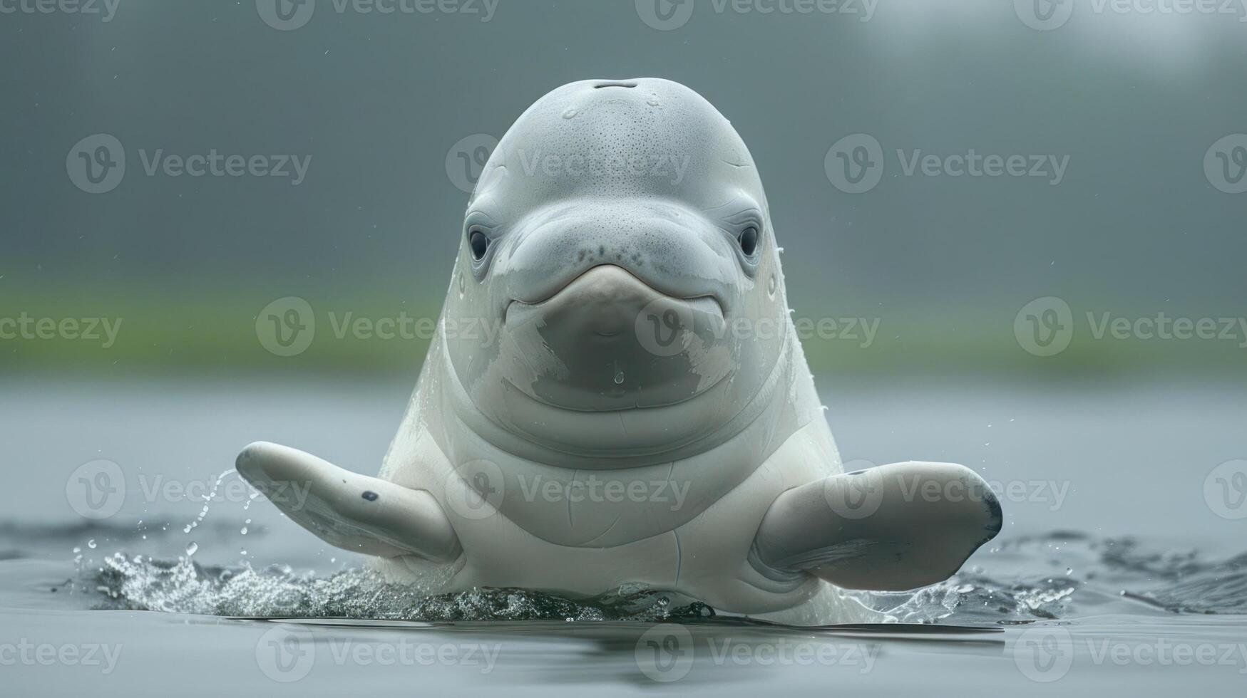 Beluga whale swimming gracefully in a serene water environment with misty background photo