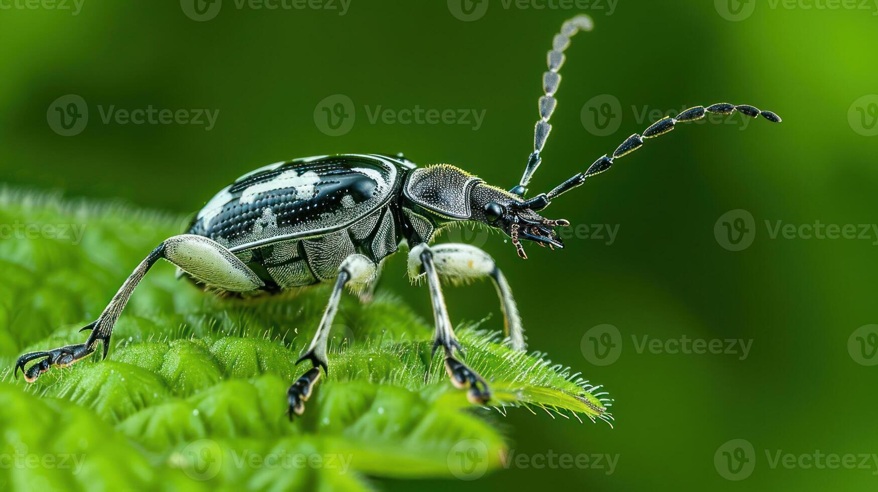 Close-up of a vibrant black and white beetle perched on a green leaf with blurred background photo