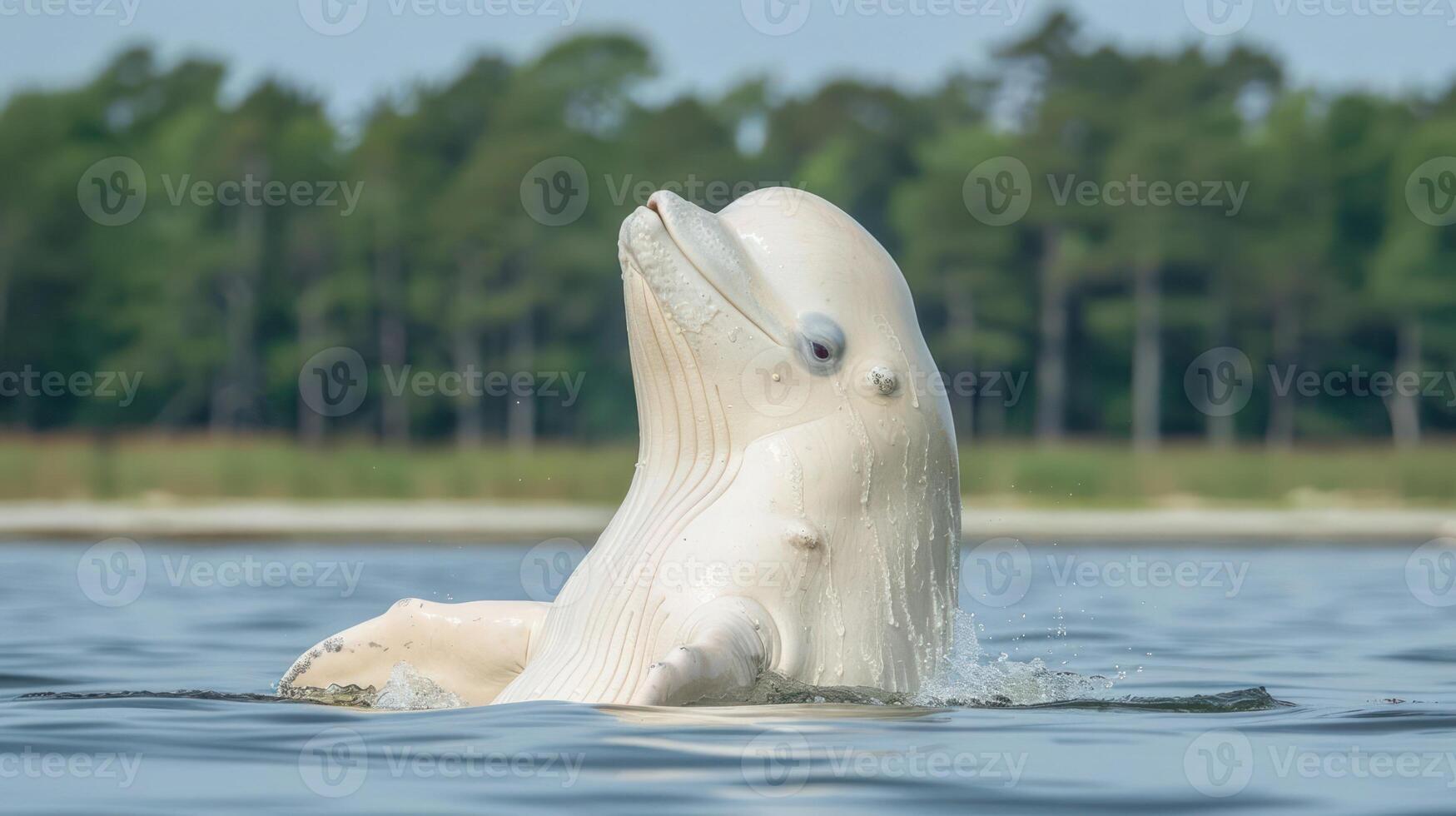 A majestic beluga whale breaching the water's surface in a serene natural habitat photo