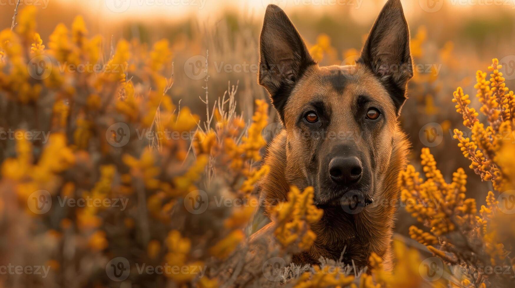 A focused dog amidst vibrant yellow flowers in a serene landscape during sunset photo