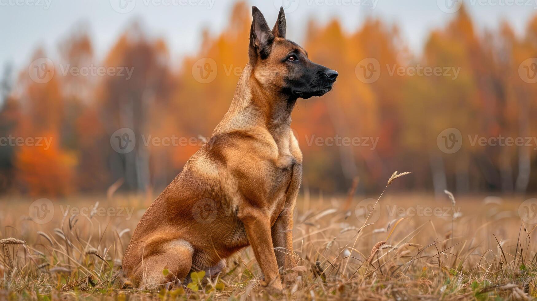 Majestic dog sitting in a vibrant autumn landscape with colorful trees in the background photo