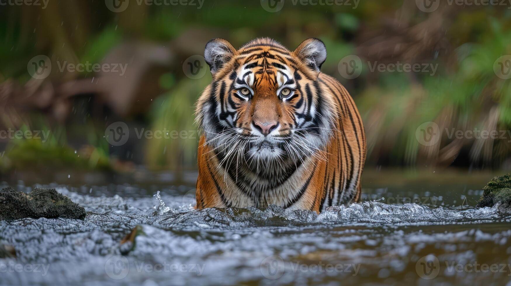 Majestic tiger wading through a serene river, surrounded by lush greenery and soft splashes photo