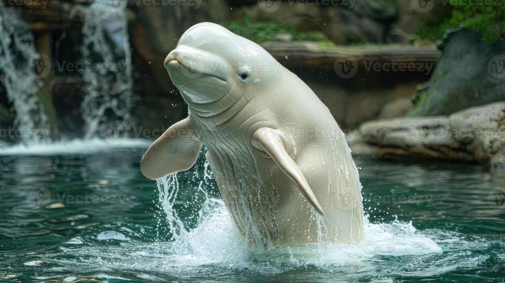 Beluga whale breaching the water surface in a serene aquatic environment with rocks and greenery photo