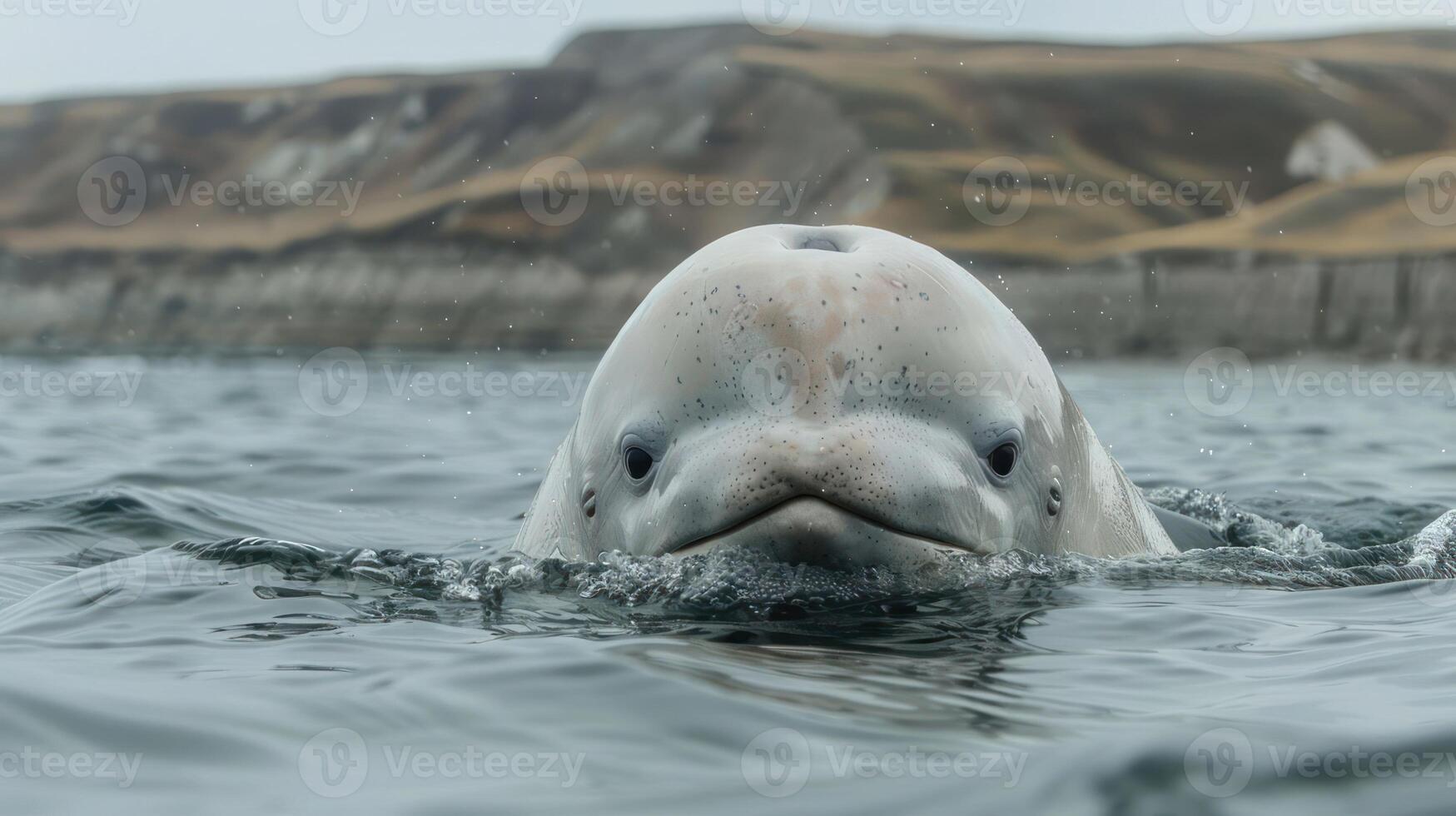 Close-up of a beluga whale swimming near the surface of a calm sea, with rocky cliffs in the background photo
