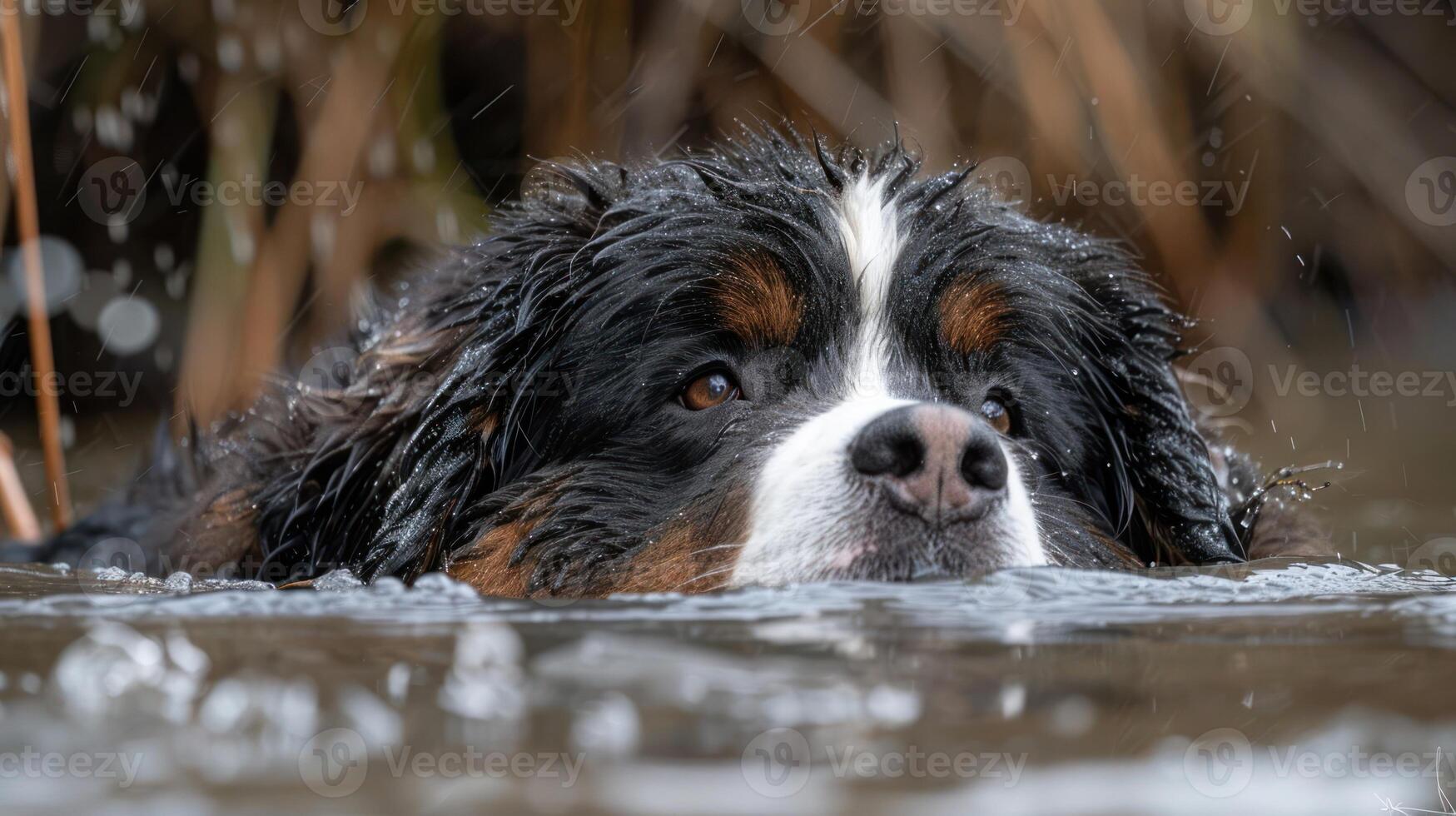 A Bernese Mountain Dog swimming through a calm water body surrounded by tall grass photo
