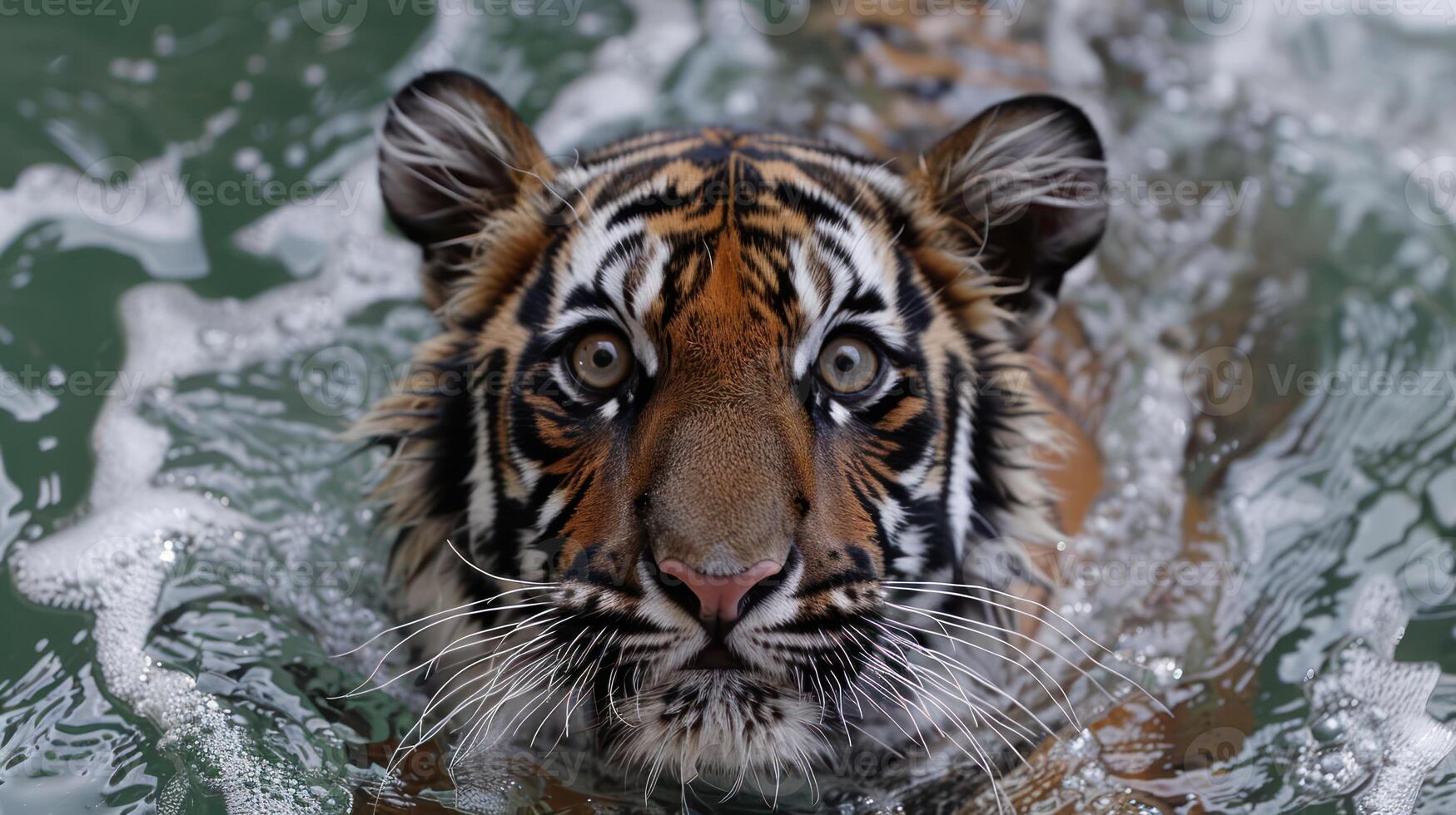 Majestic tiger swimming in clear water, showcasing its powerful presence and vibrant colors photo