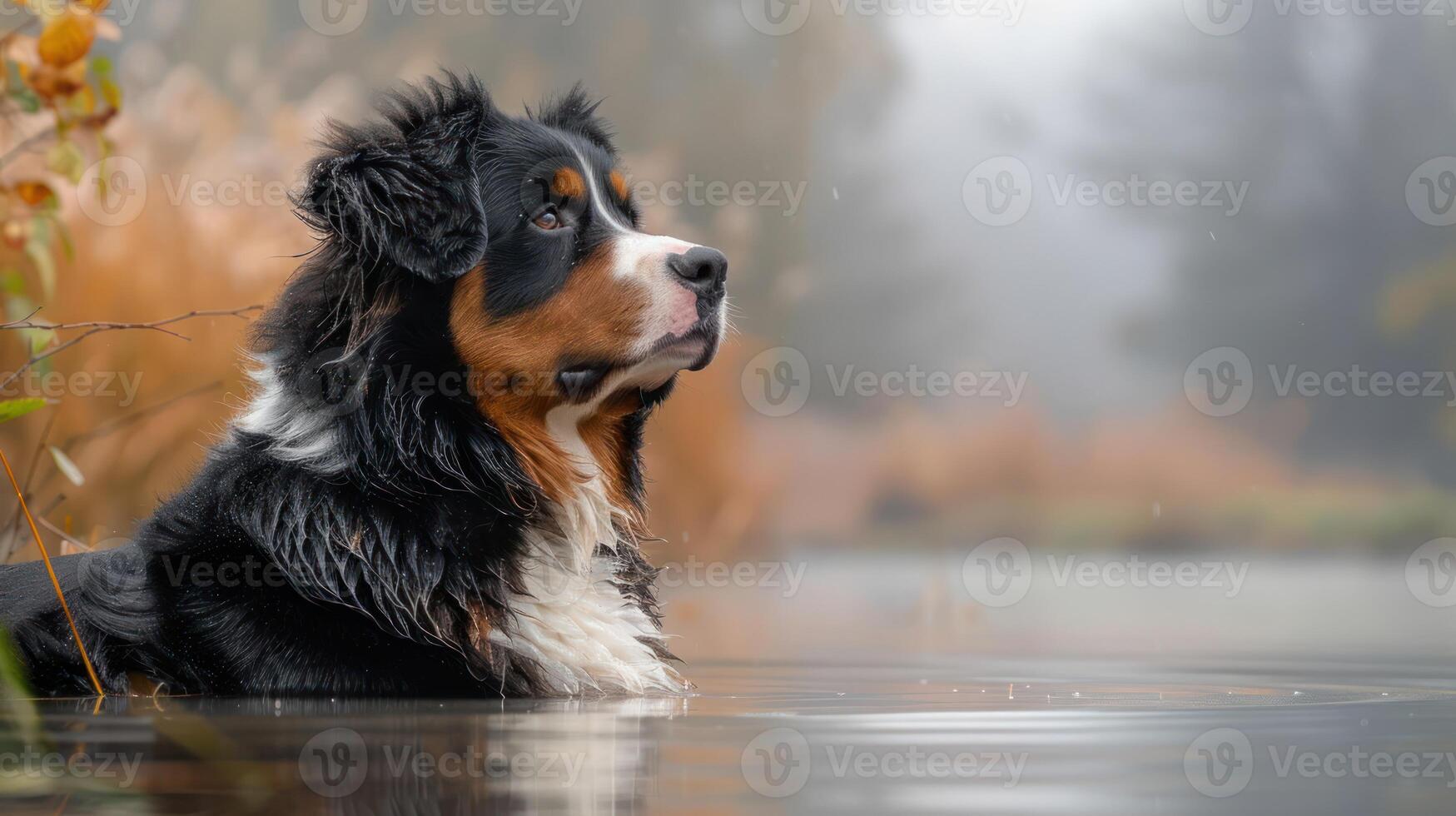A Bernese Mountain Dog calmly gazes across a tranquil lake surrounded by autumn foliage photo