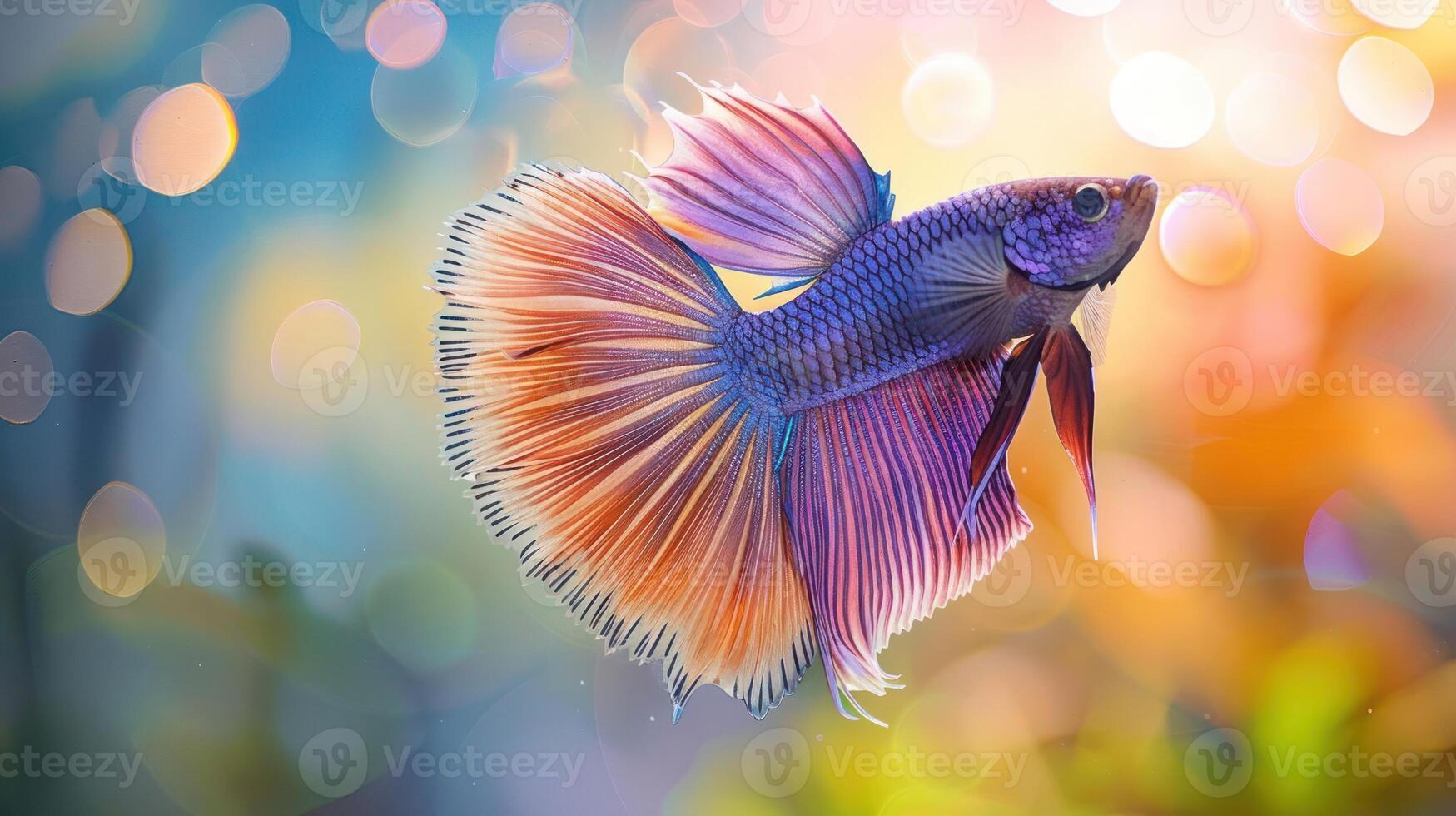 Vibrant betta fish swimming gracefully amidst colorful bokeh background in a serene aquarium photo