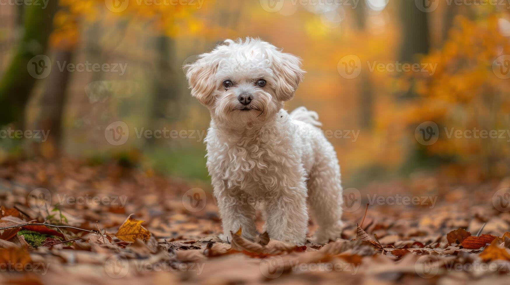 White fluffy dog standing on a leaf-covered forest path surrounded by autumn foliage photo