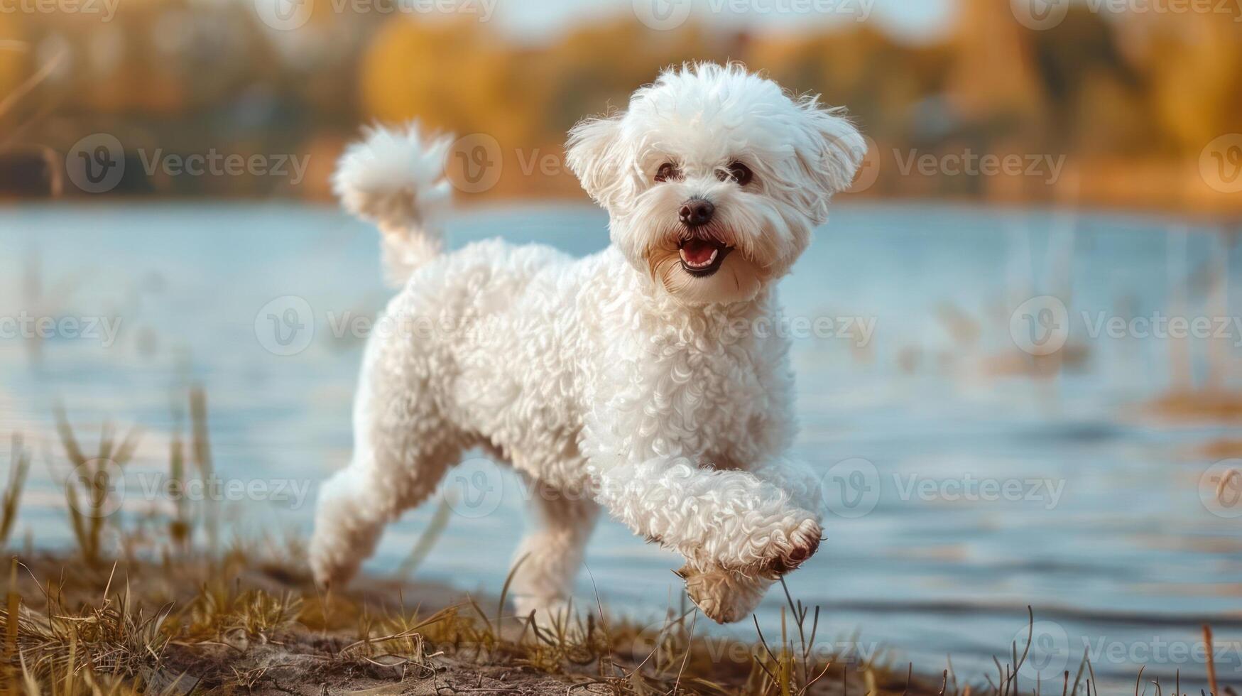 Playful white dog running along the lakeshore, with trees and a calm water backdrop photo