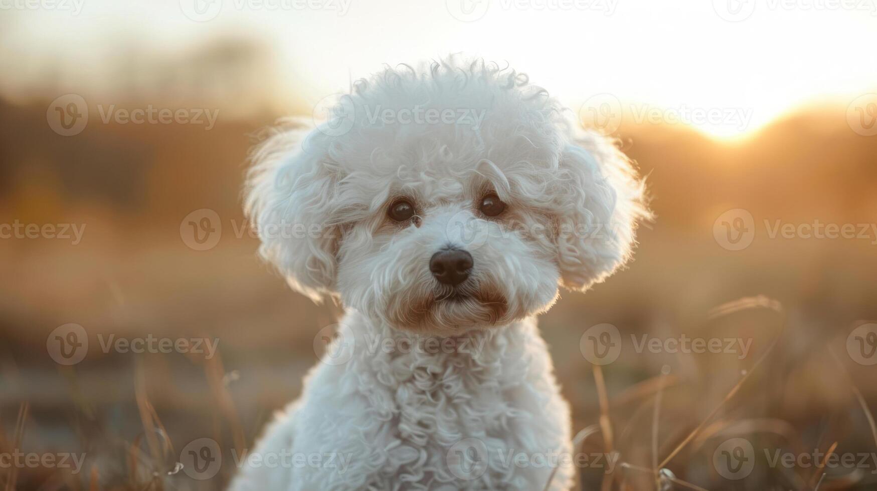 A fluffy white dog sitting in a sunlit field during golden hour, surrounded by tall grass photo
