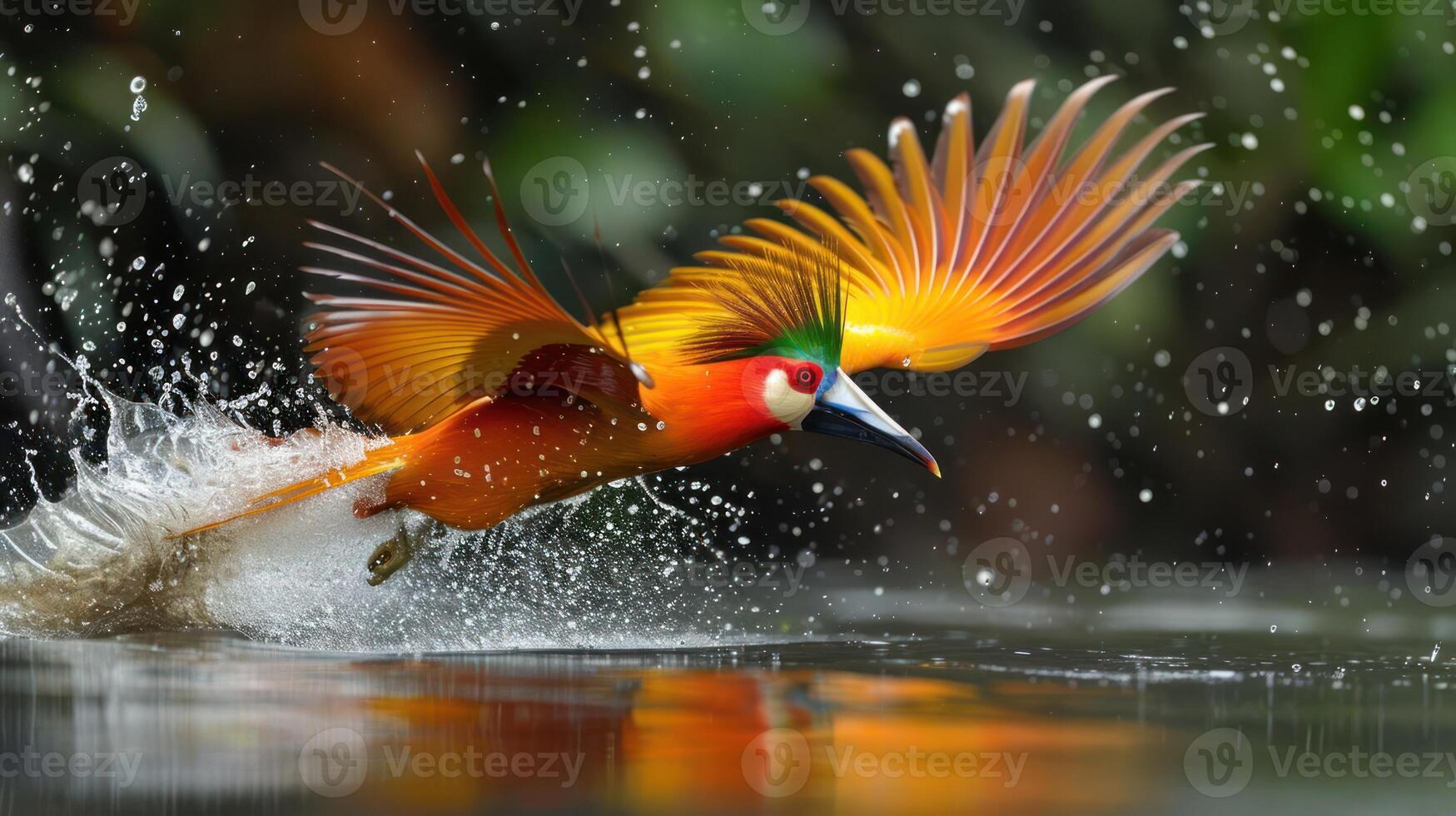 Vibrant bird taking flight over water, splashing droplets, surrounded by lush greenery photo