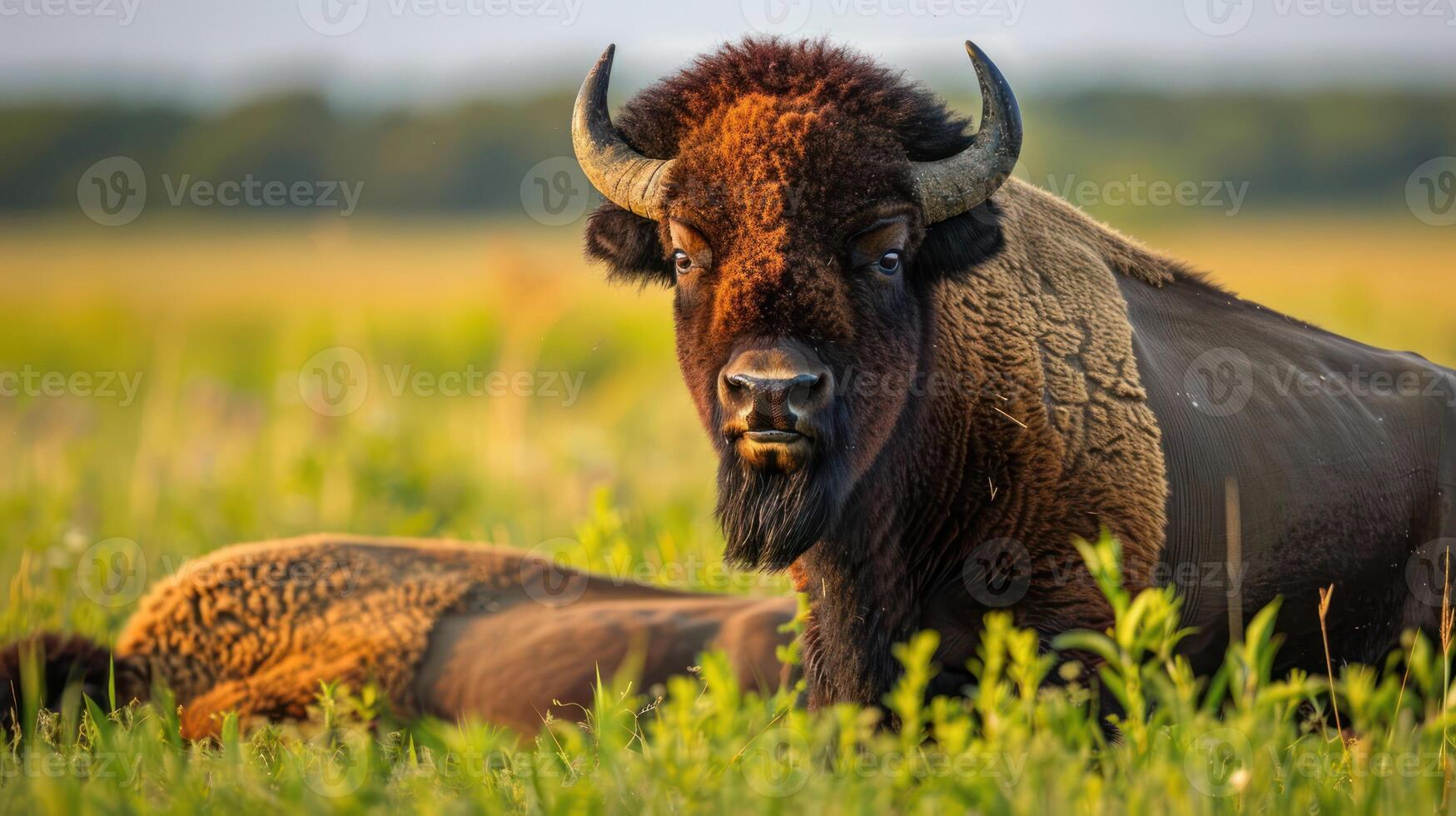 Majestic bison resting in a lush green meadow during golden hour, with soft sunlight illuminating the scene photo