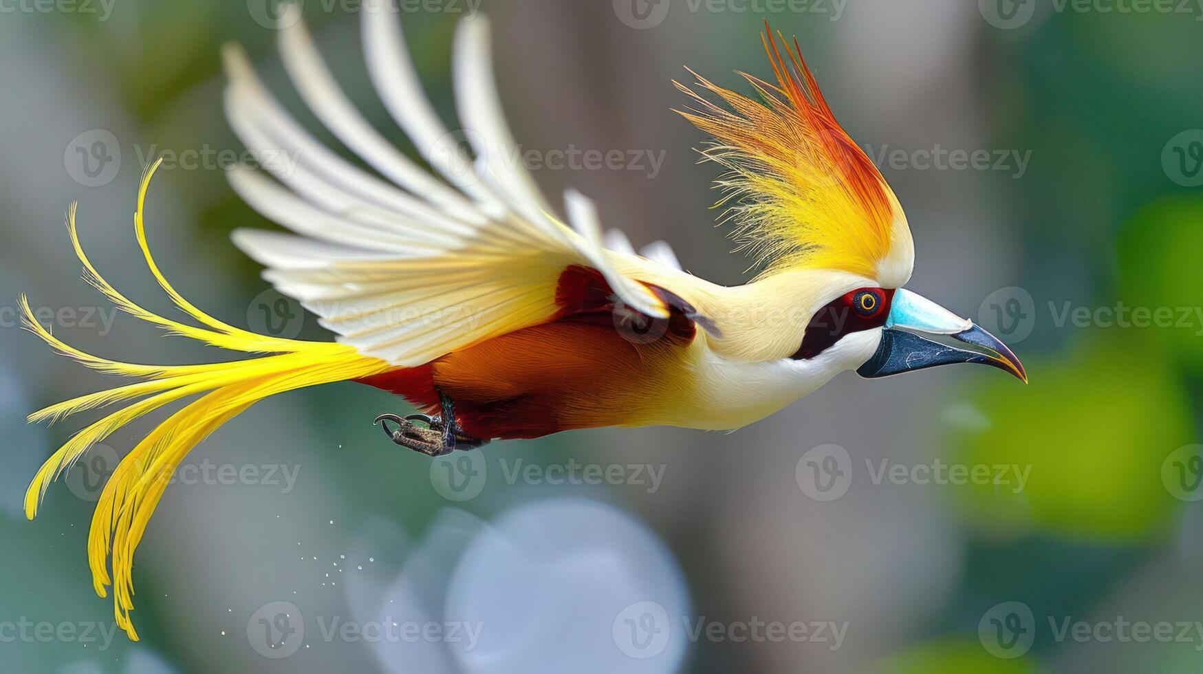 Vibrant tropical bird in mid-flight, showcasing colorful plumage against a blurred natural backdrop photo