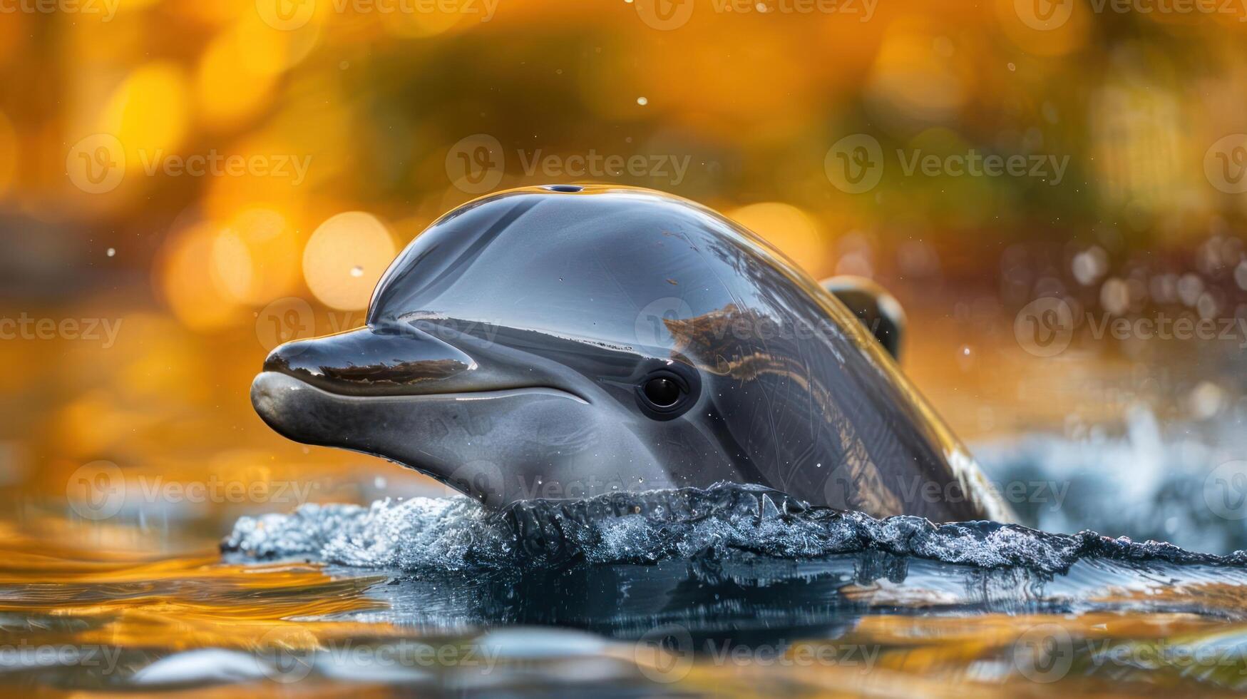 Playful dolphin swimming in clear water, surrounded by golden autumn foliage, creating a serene scene photo
