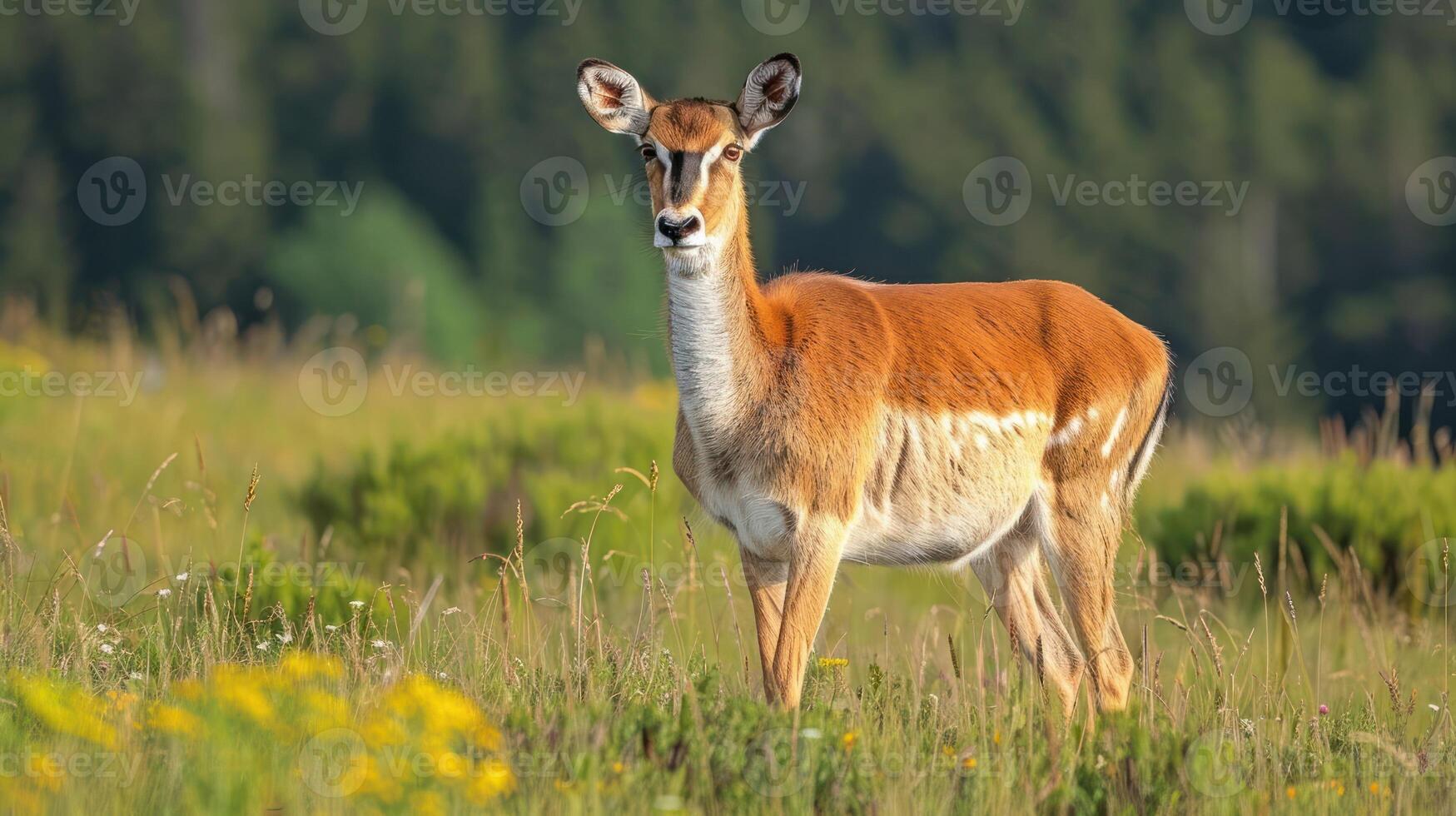 A graceful antelope standing in a vibrant meadow, surrounded by wildflowers and greenery photo