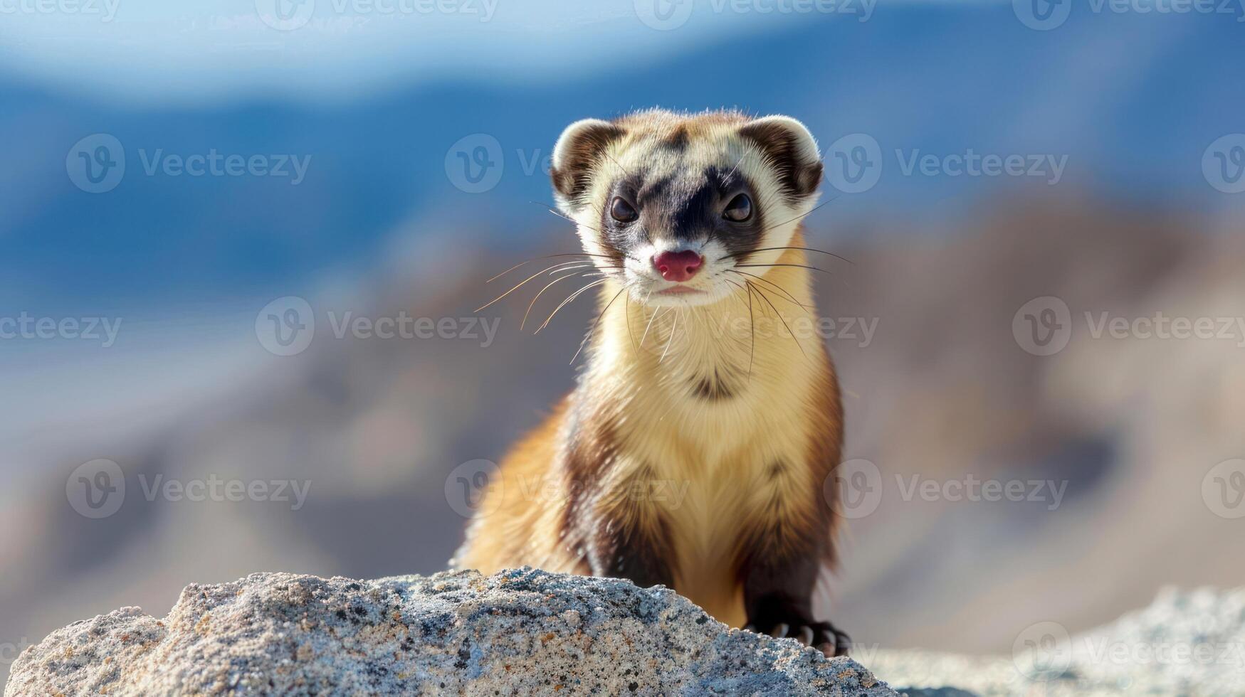 A close-up of a playful ferret perched on a rock, with a blurred mountain landscape in the background photo