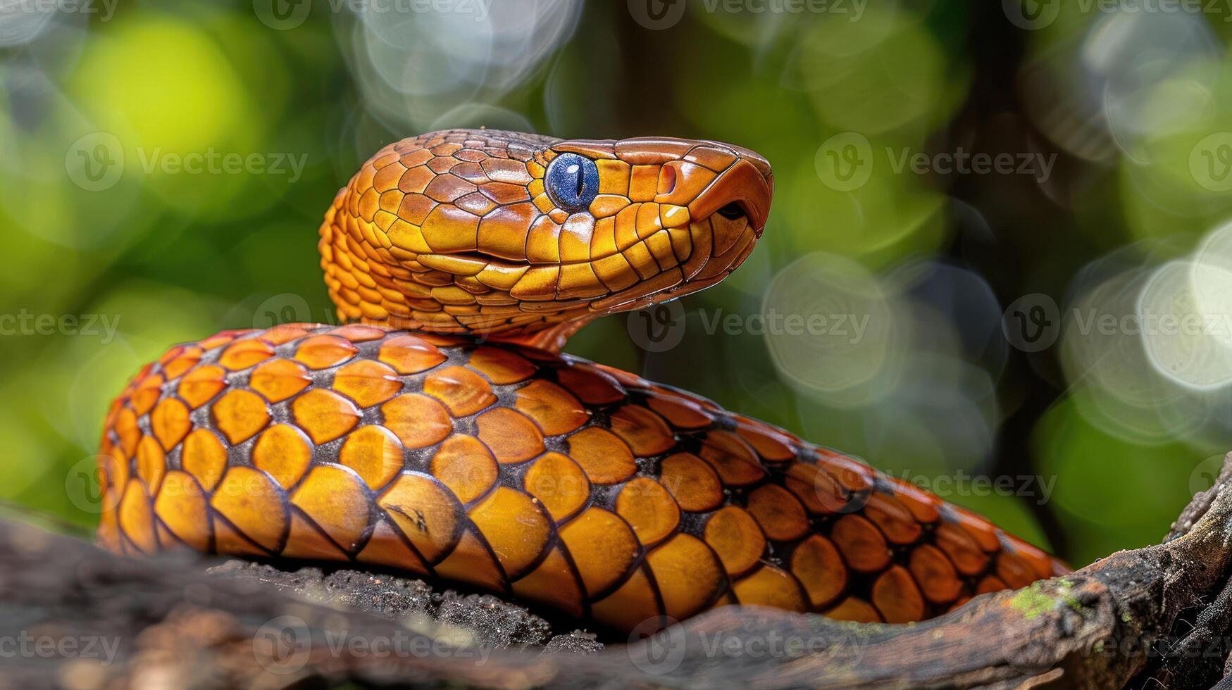 Close-up of a vibrant orange snake resting on a branch amidst lush green foliage, showcasing its scales photo
