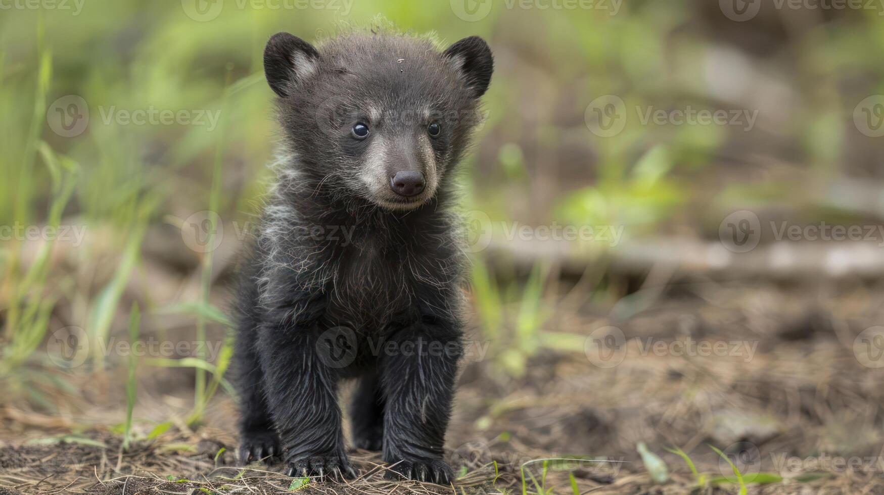 Adorable black bear cub standing in a lush green forest, exploring its surroundings playfully photo