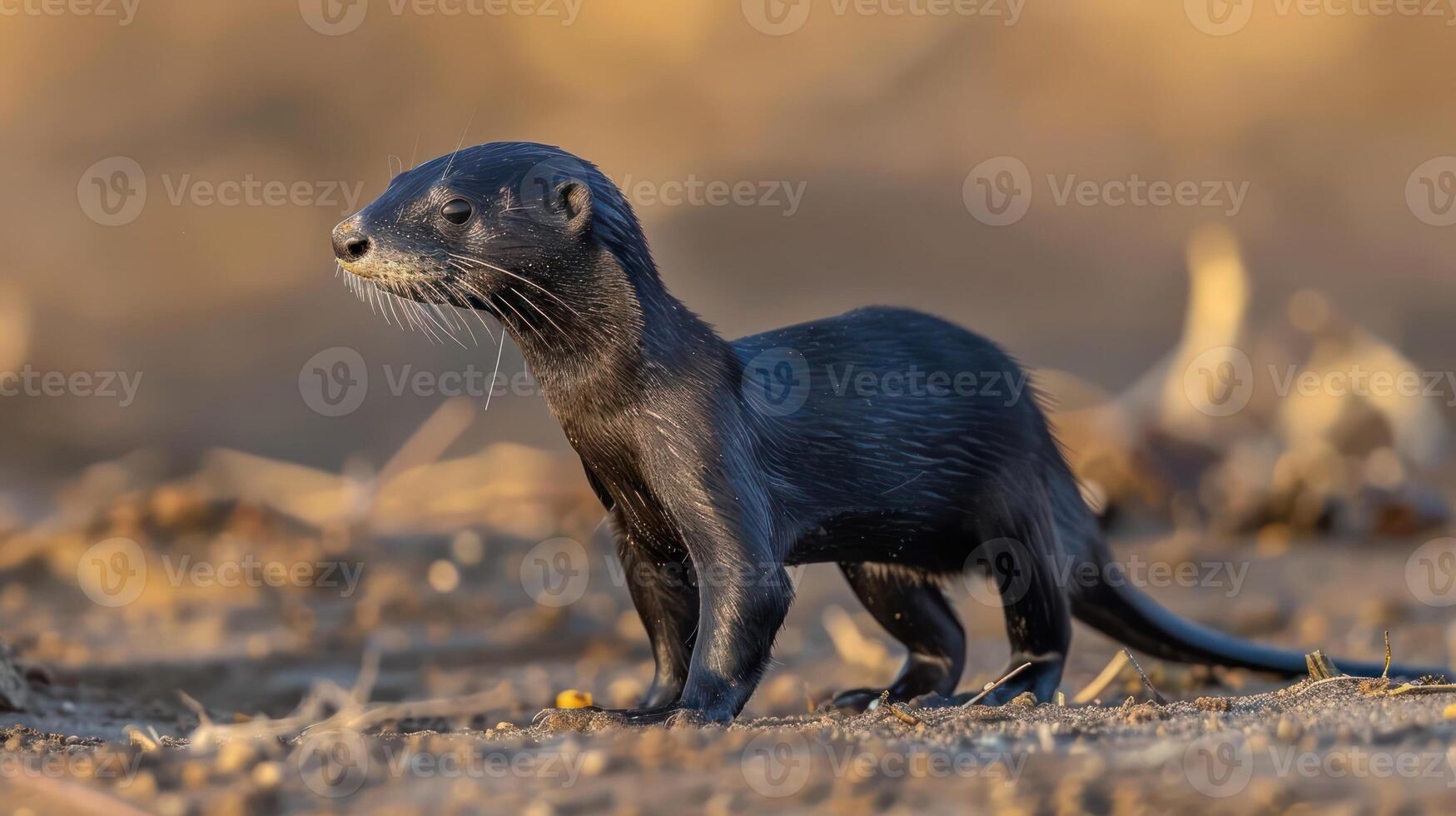 A sleek black otter stands alert on a sandy riverbank, observing its surroundings at dusk photo