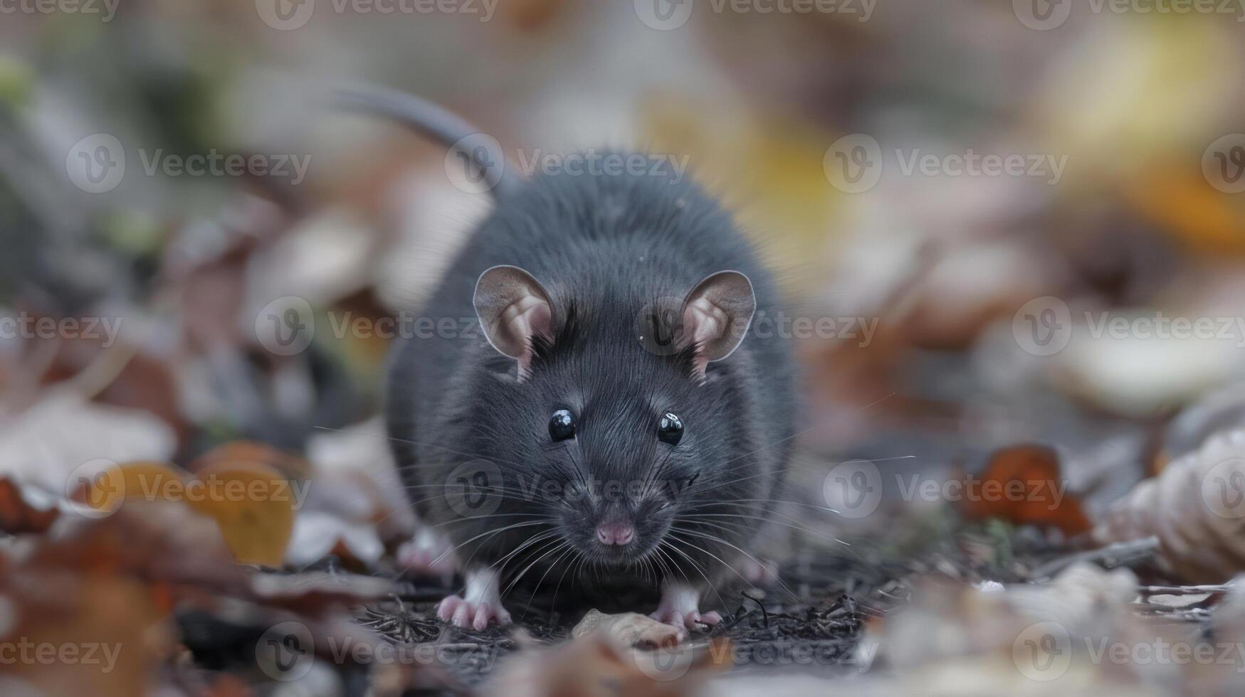 Close-up of a curious black rat amidst fallen autumn leaves in a natural setting photo