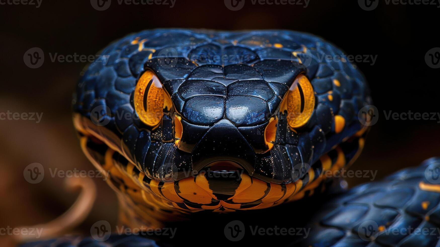 Close-up of a vibrant blue and yellow snake showcasing its intricate scales and fierce gaze photo