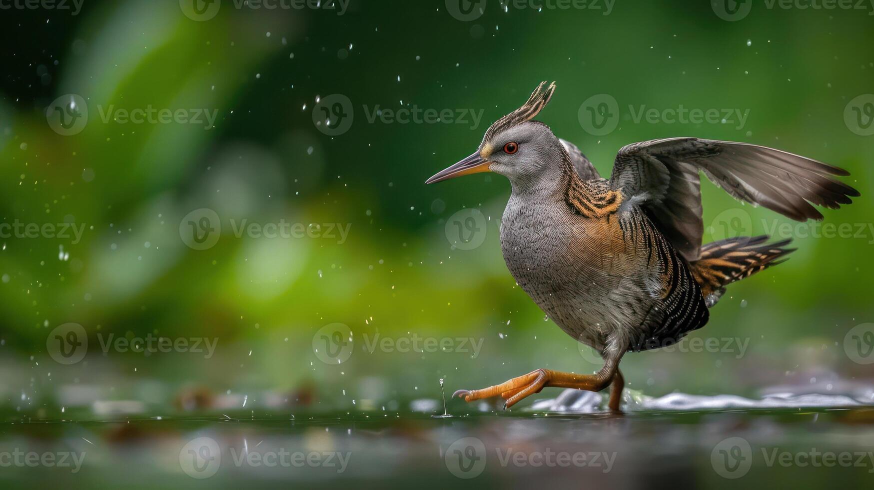 A water rail bird gracefully walks through rain-soaked marshland, surrounded by lush greenery photo