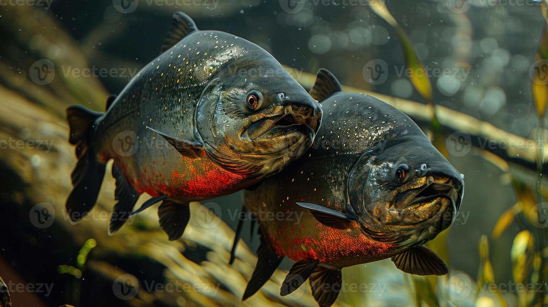 Two vibrant fish swimming gracefully in a lush underwater environment with aquatic plants photo
