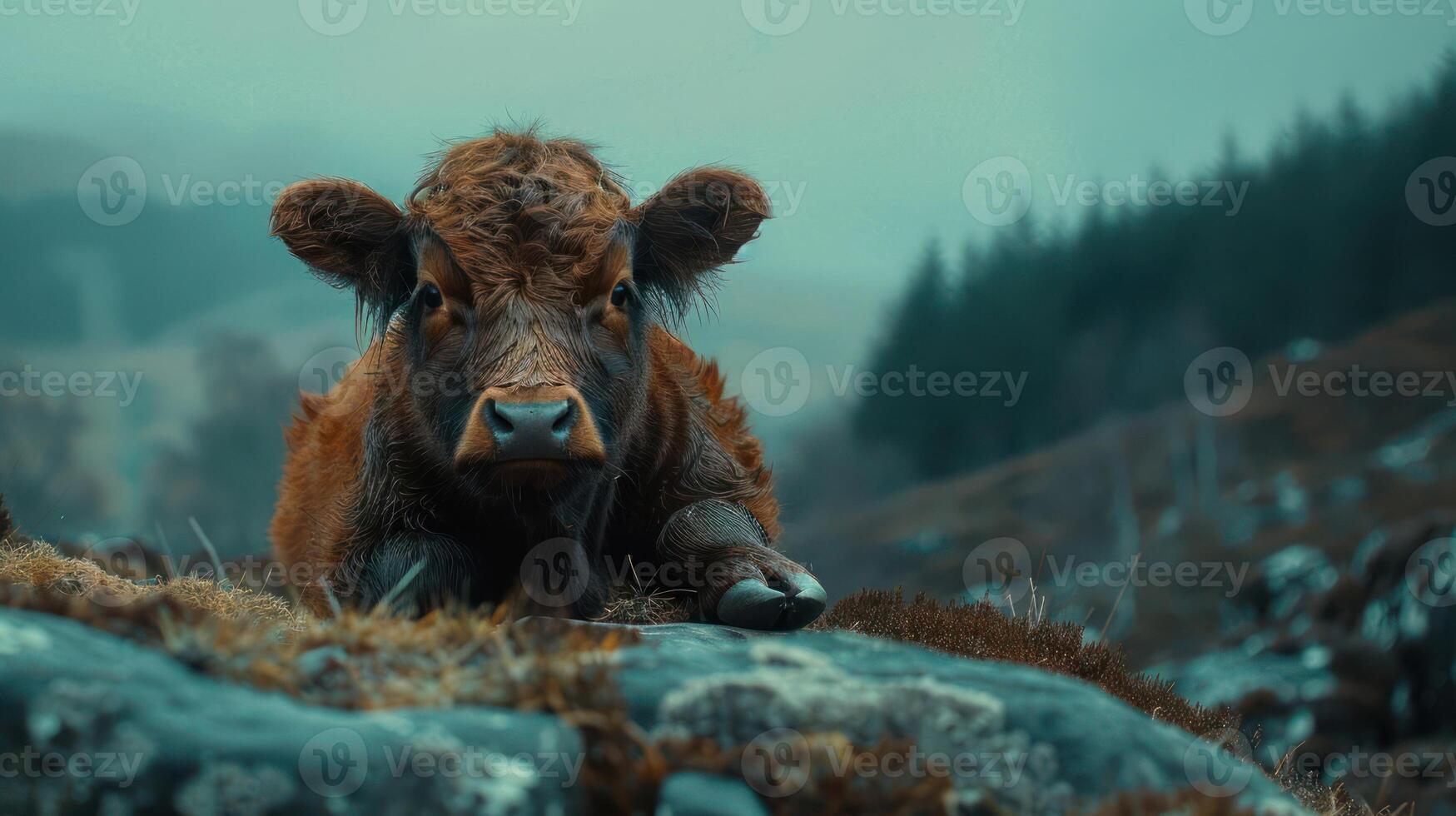 A serene cow resting on rocky terrain in a misty landscape with distant hills and trees photo