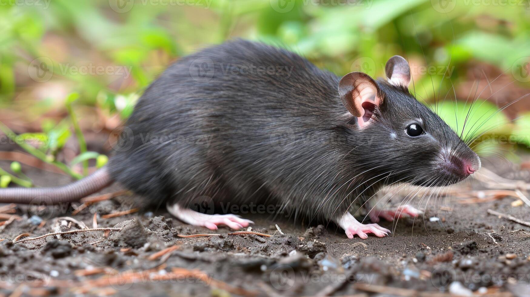 A close-up of a small black rat foraging on the ground amid lush green foliage, showcasing its natural habitat photo