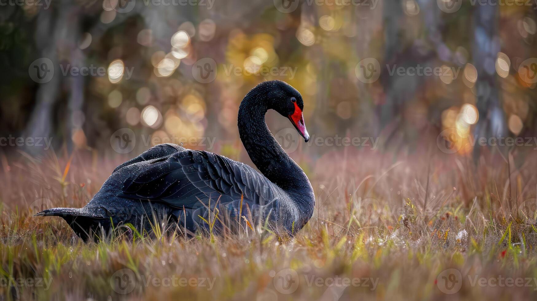 Graceful black swan resting in vibrant grassland with blurred natural background during sunset photo