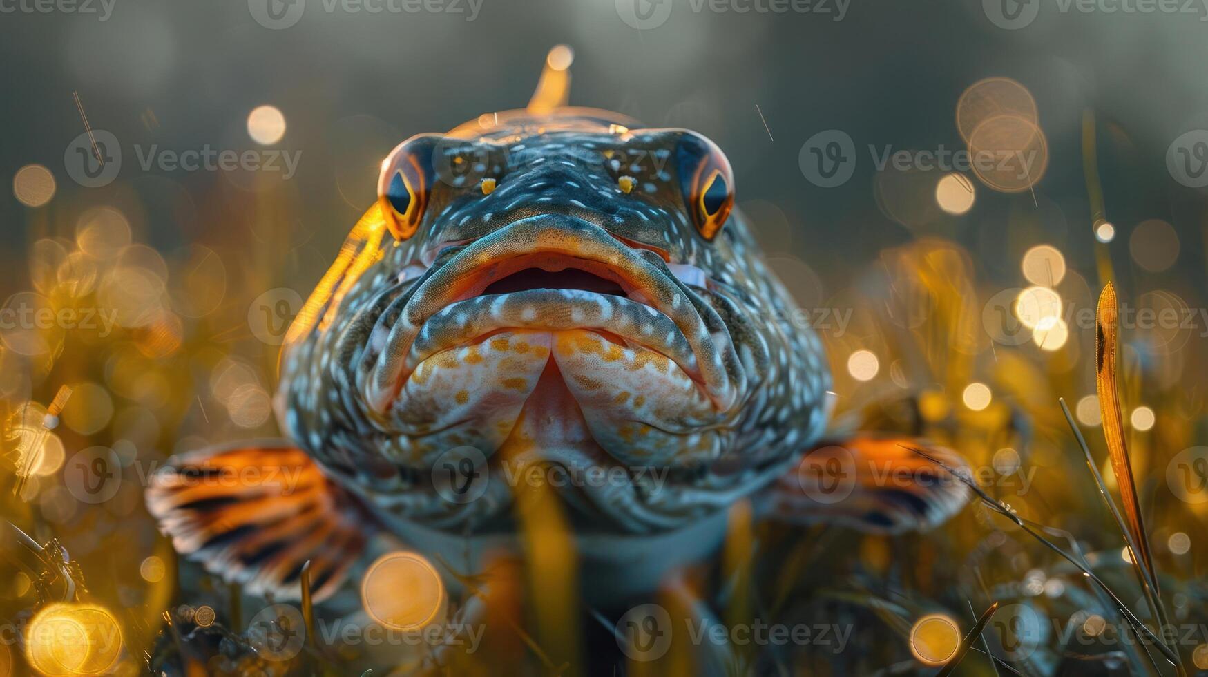 Close-up of a vibrant fish resting in lush grass, shimmering sunlight in the background photo