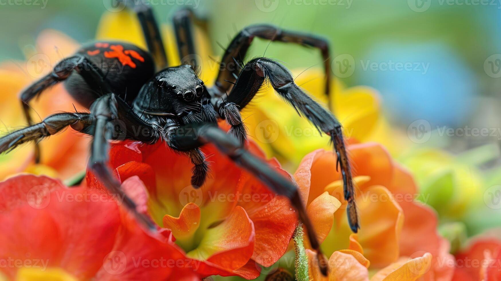 Close-up of a black spider perched on vibrant flowers in a lush garden setting photo