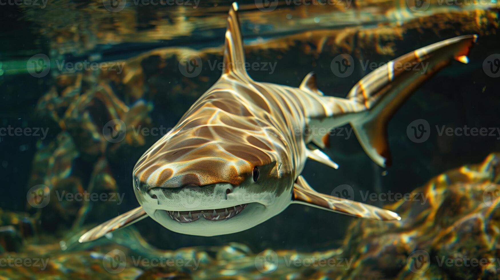 Underwater view of a shark swimming gracefully in a clear aquarium environment photo