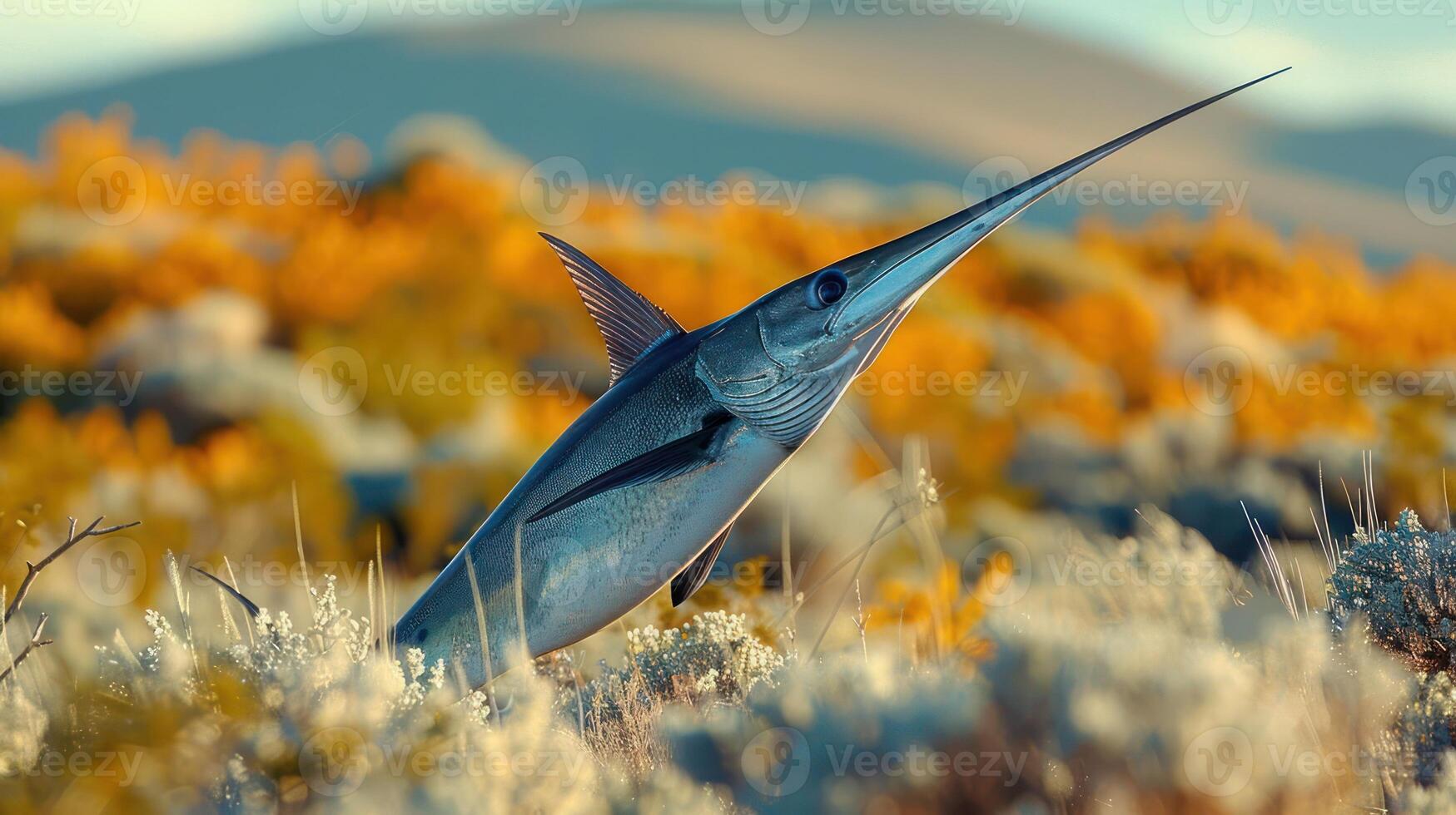 A majestic fish leaping through colorful wildflowers under a bright sky in a serene landscape photo