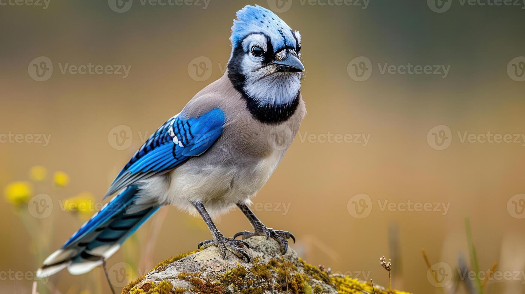 A vibrant blue jay perched on a mossy rock amidst blooming wildflowers in a serene landscape photo