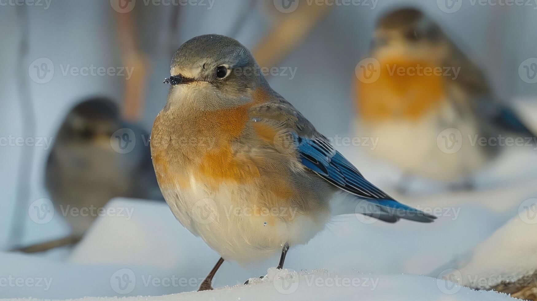 Close-up of a bluebird standing on snow with other birds blurred in the background, winter scene photo