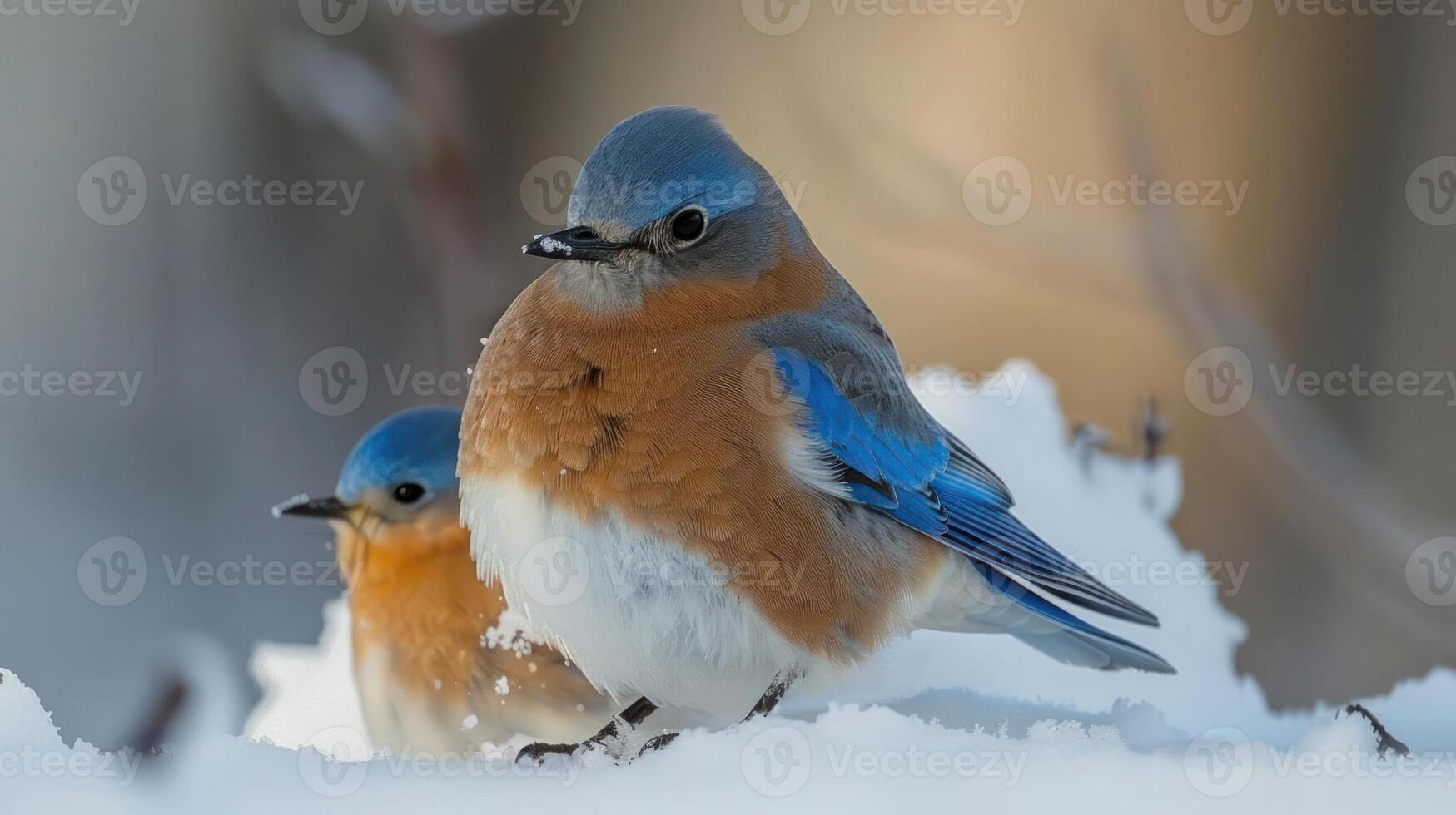 Two vibrant bluebirds perched on snow-covered ground, with a soft-focus winter forest backdrop photo