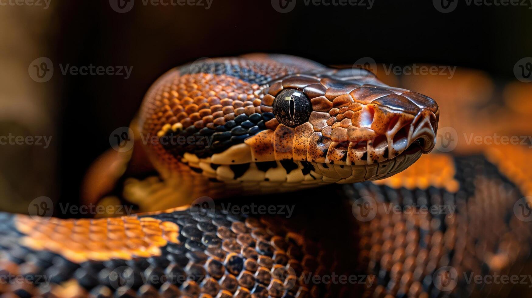 Close-up of a vibrant, patterned snake coiled on a branch in a lush, green habitat photo