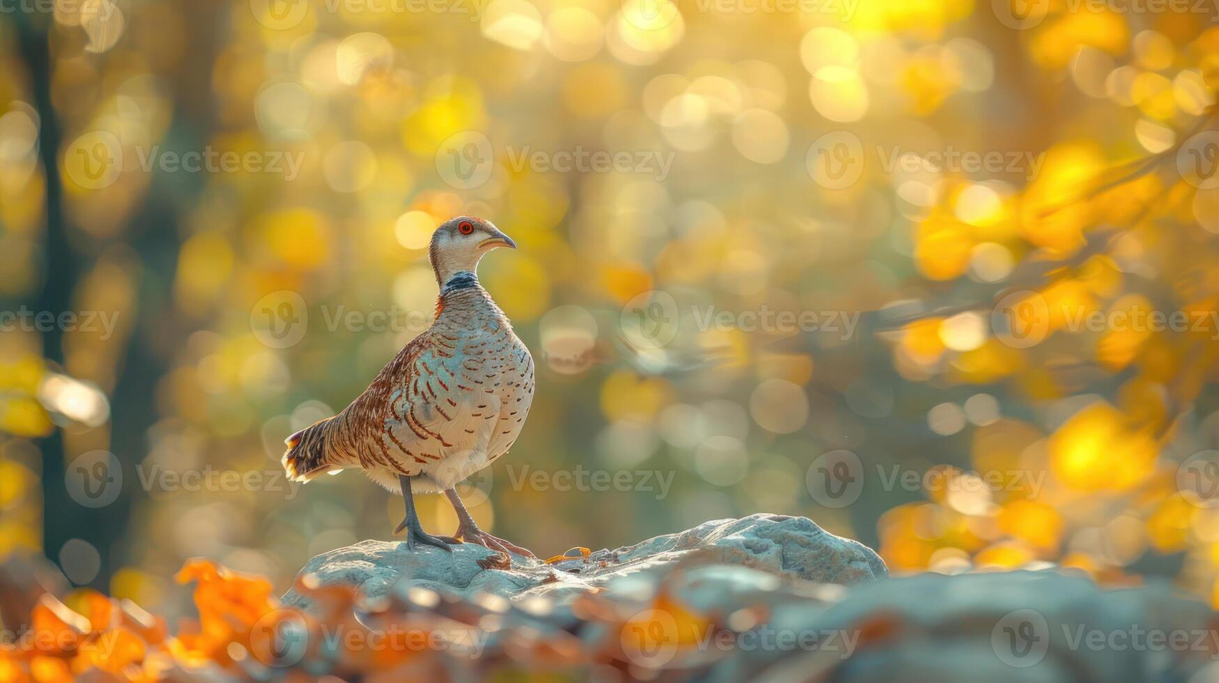 A solitary bird perched on a rock amidst vibrant autumn foliage, capturing a serene moment in nature photo