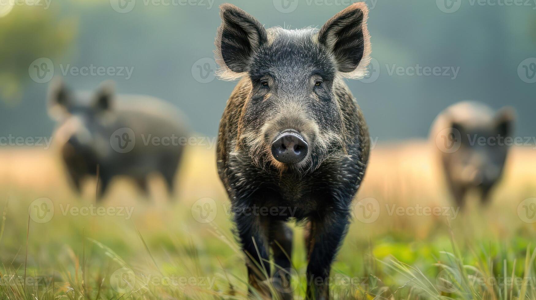 Wild boar family foraging in a serene meadow during golden hour, with soft sunlight filtering through trees photo