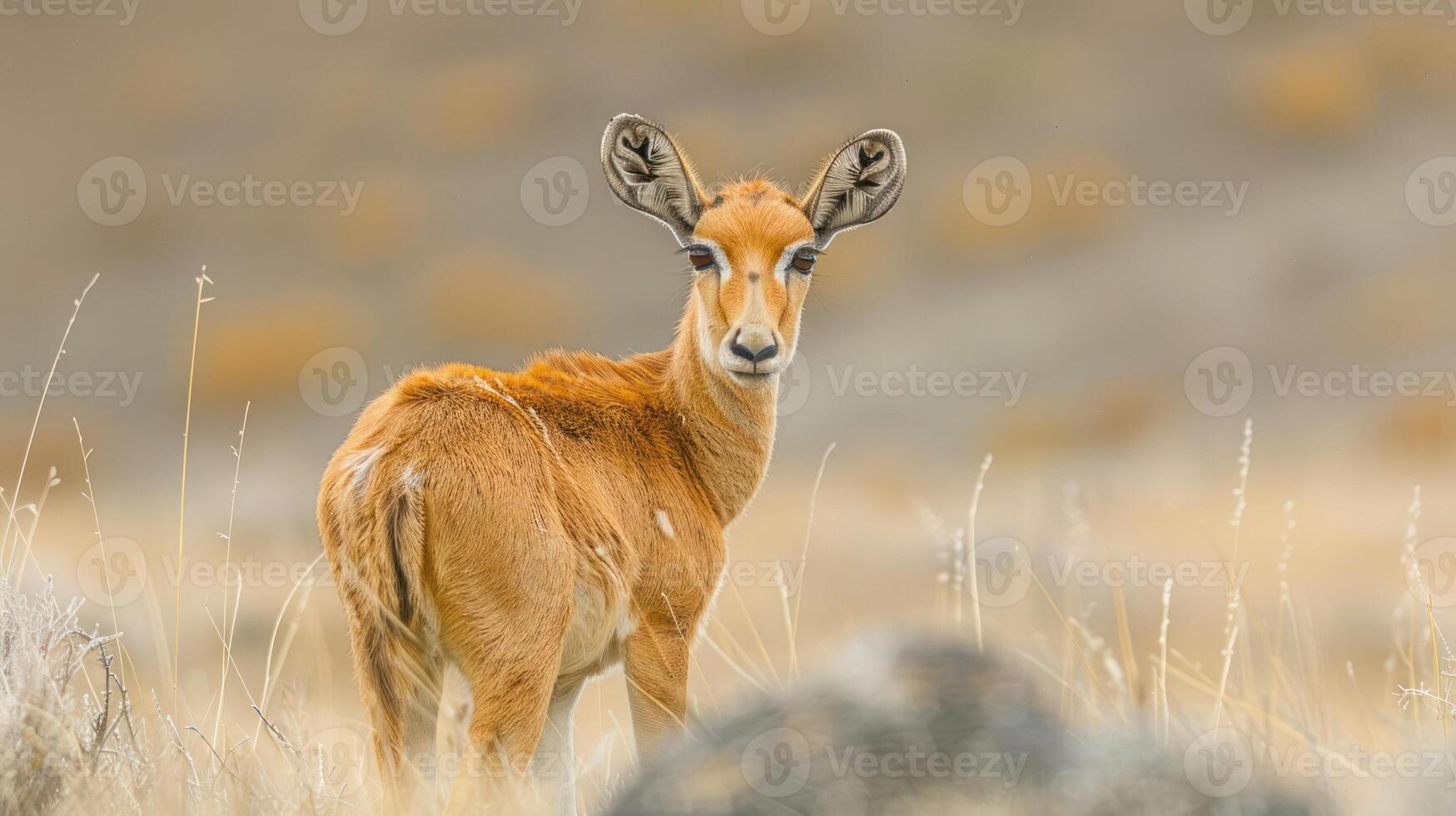 Young antelope standing in a golden grassland, with soft hills and blurred foliage in the background photo