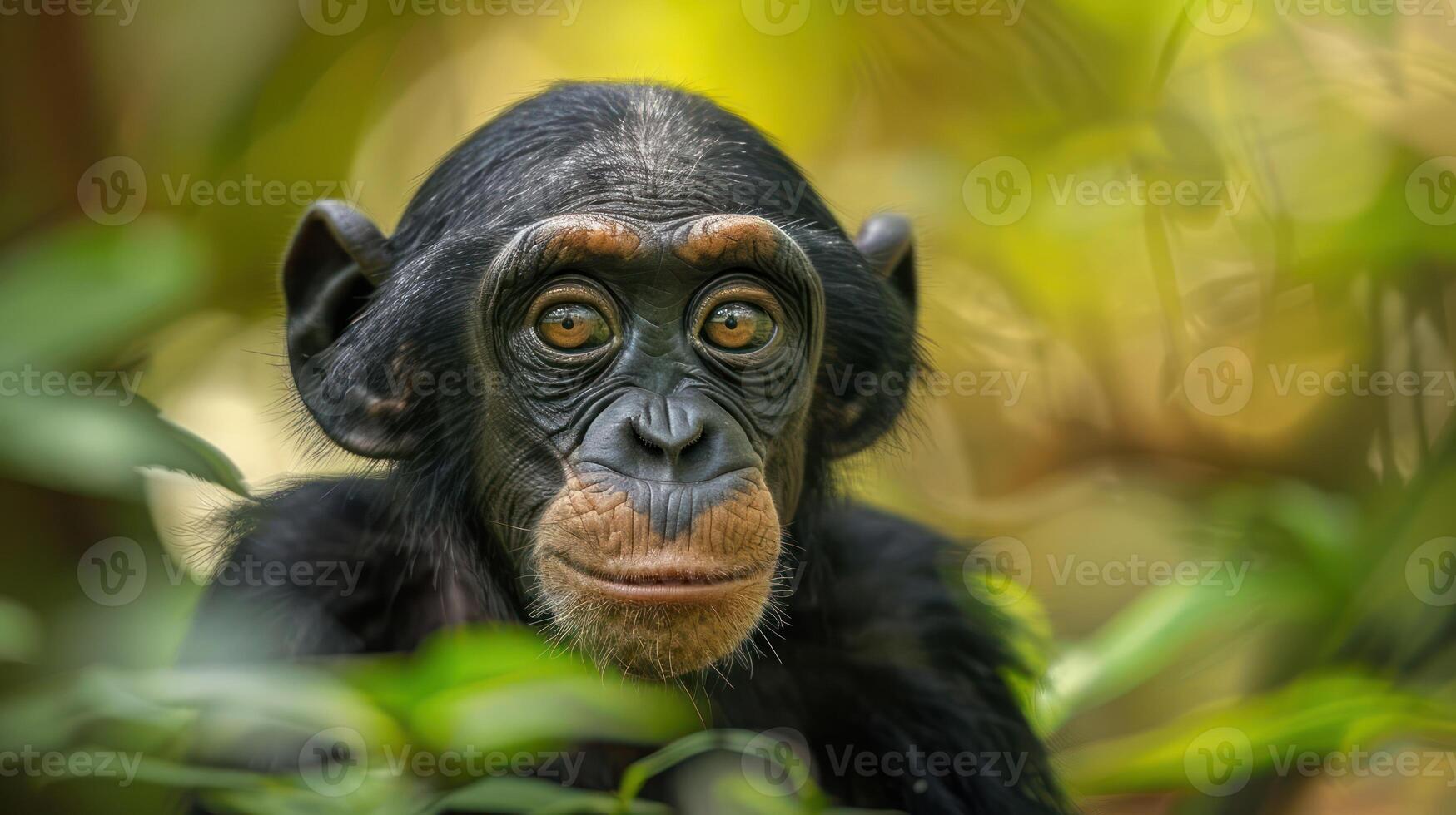 Close-up of a young chimpanzee surrounded by lush greenery, showcasing its expressive gaze in a natural habitat photo