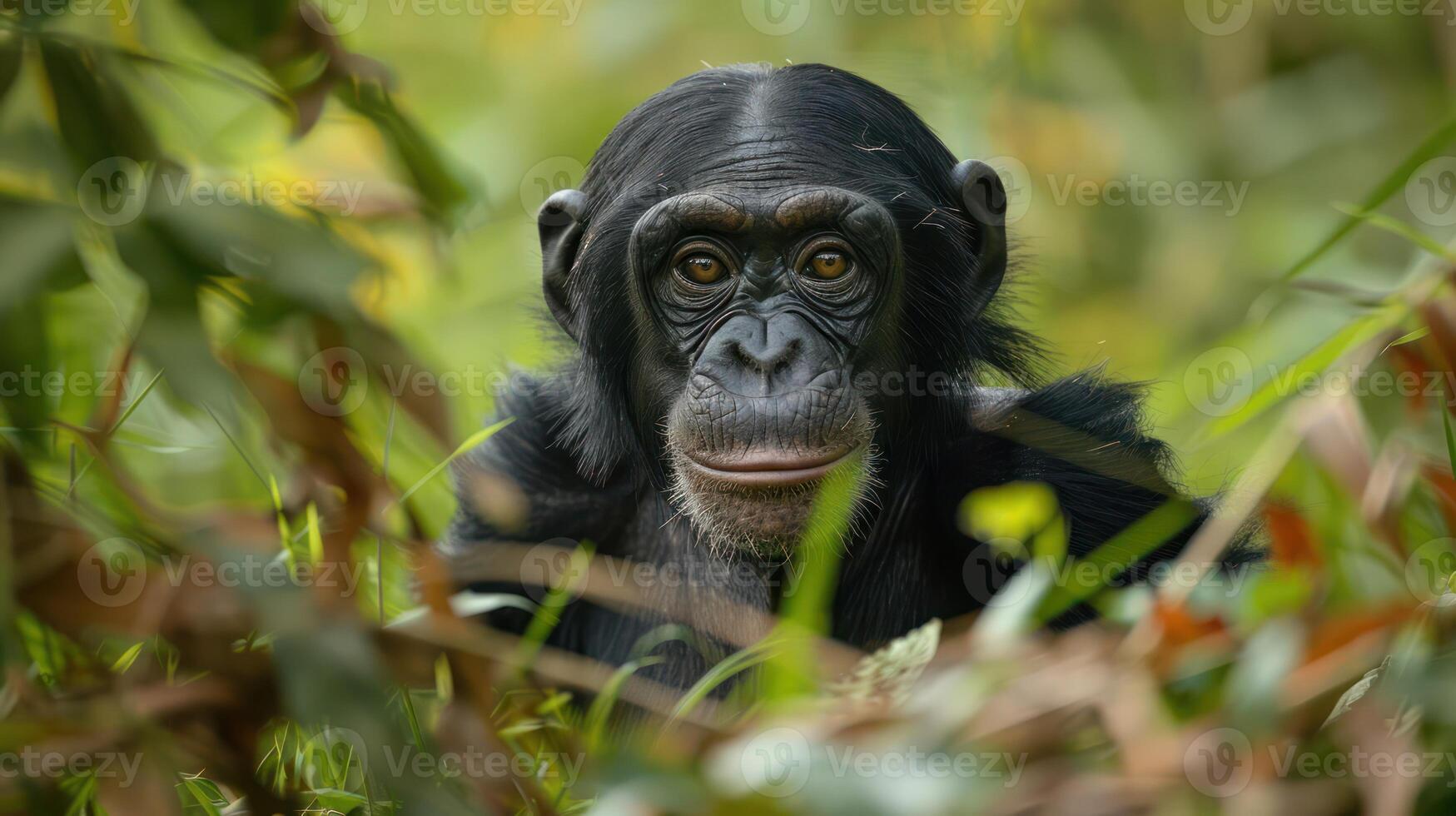 A close-up of a chimpanzee peering through lush green foliage in a natural habitat photo