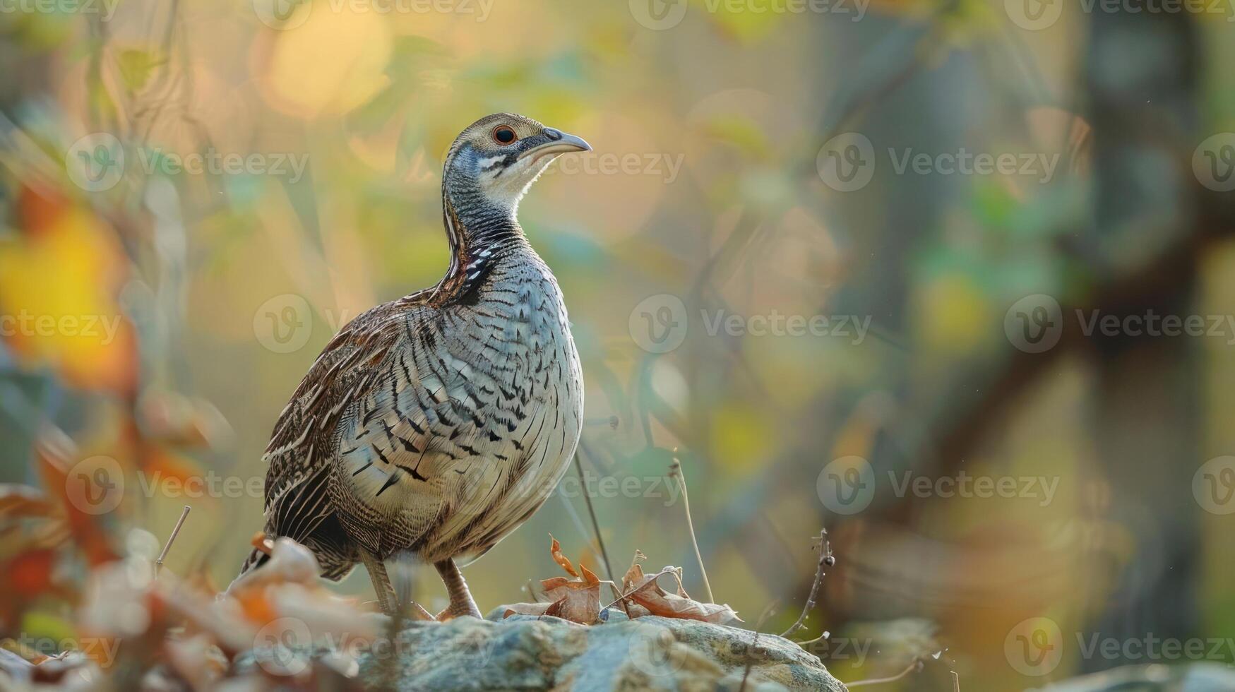 A solitary bird perched on a rock in a vibrant autumn forest, surrounded by colorful foliage photo