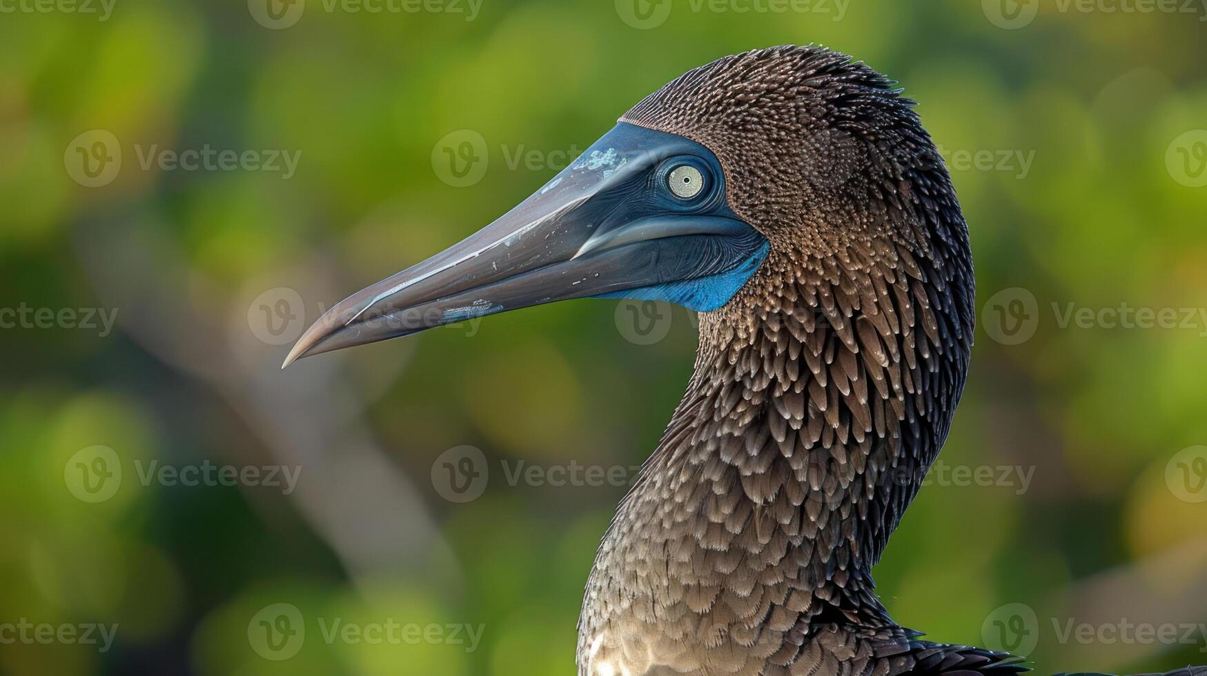 Close-up of a blue-footed booby bird perched among lush greenery, showcasing its vibrant features photo