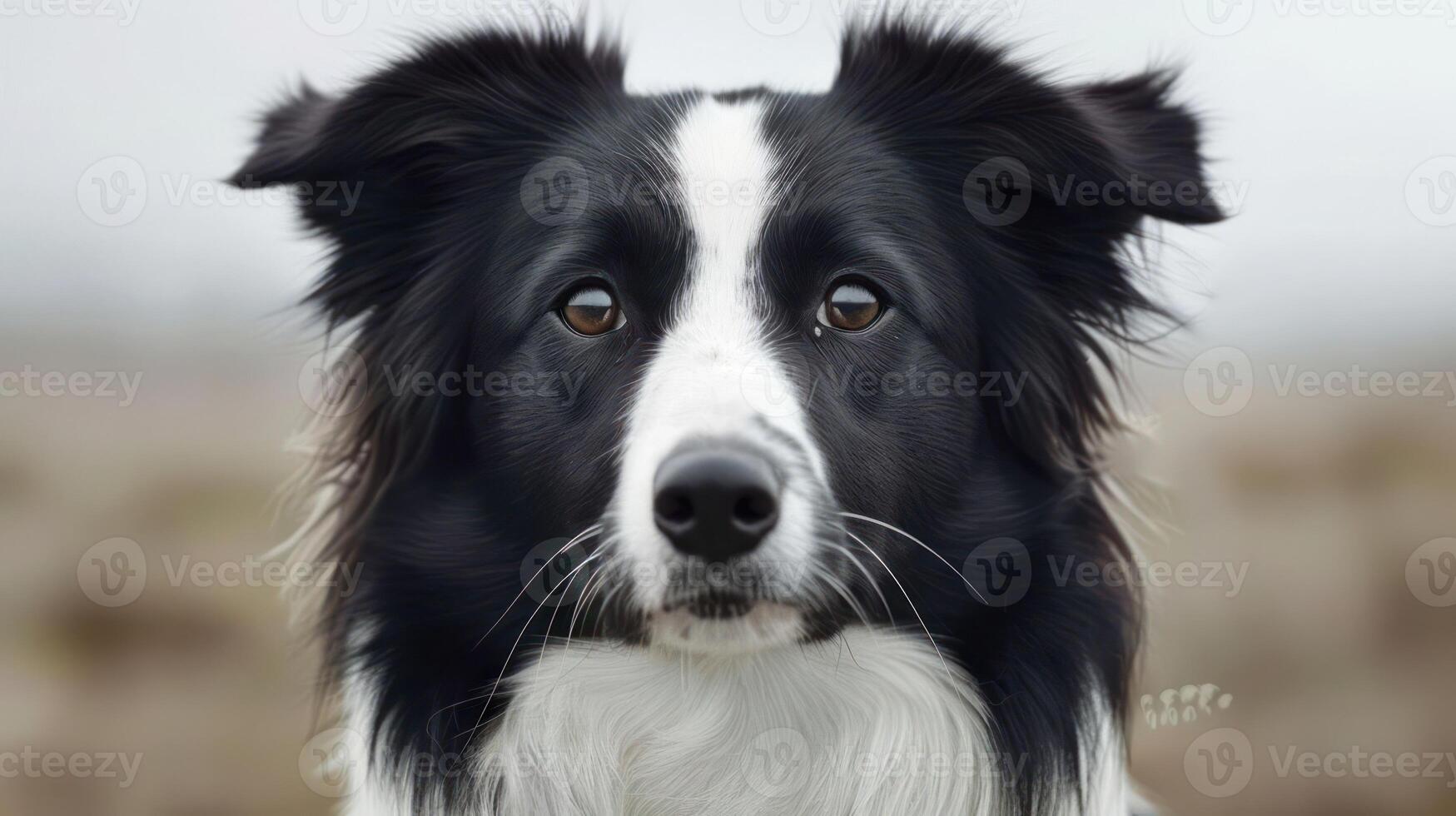 A close-up portrait of a black and white dog, showcasing its expressive eyes against a blurred background photo