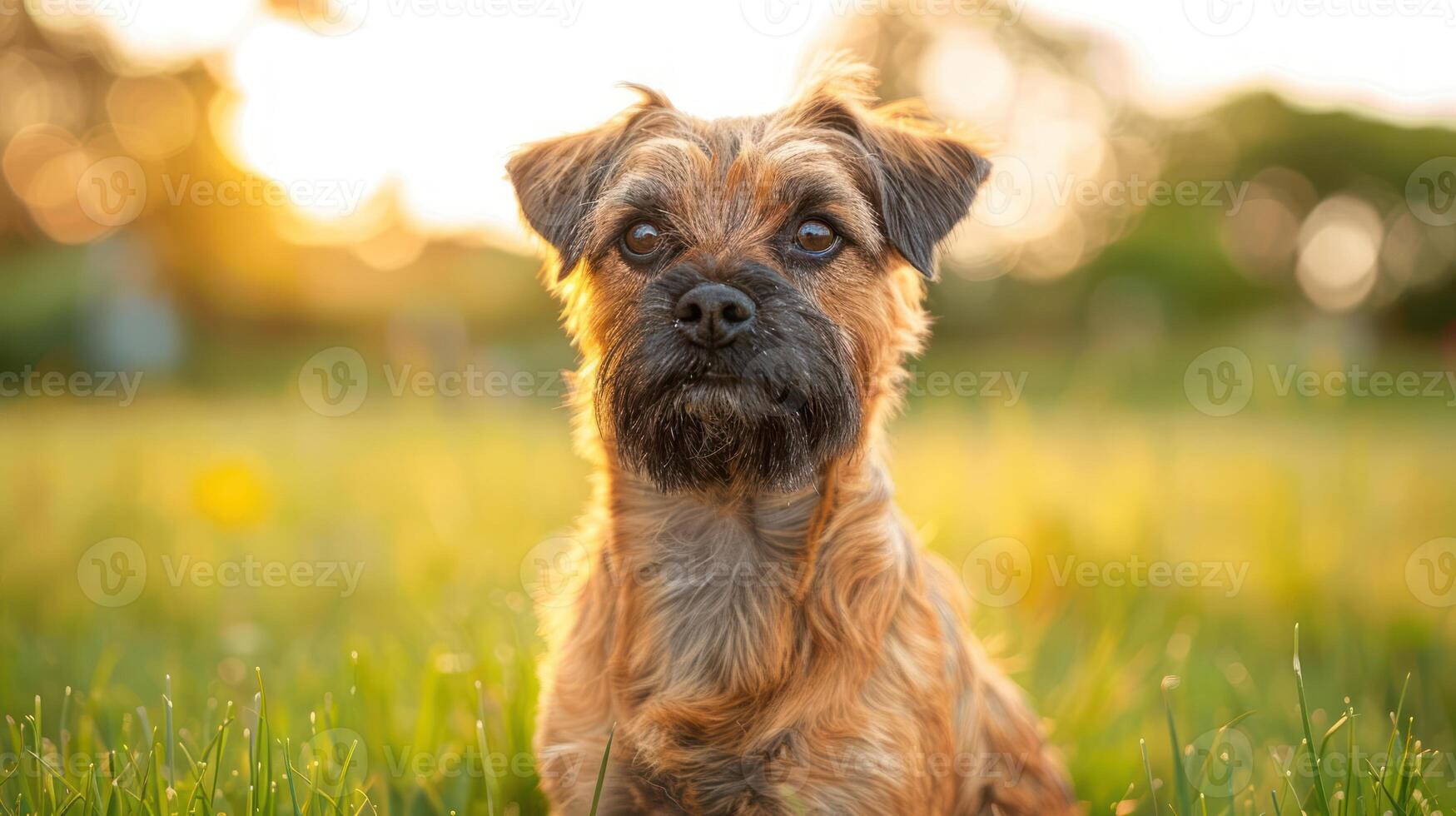 A close-up of a dog sitting in a sunlit grassy field during golden hour, with trees in the background photo