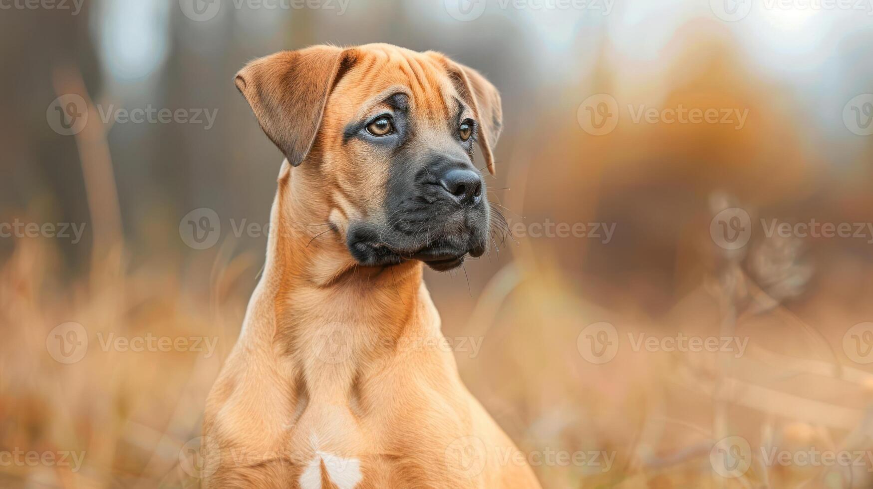 A close-up of a curious dog in a golden autumn field, with soft blurred trees in the background photo