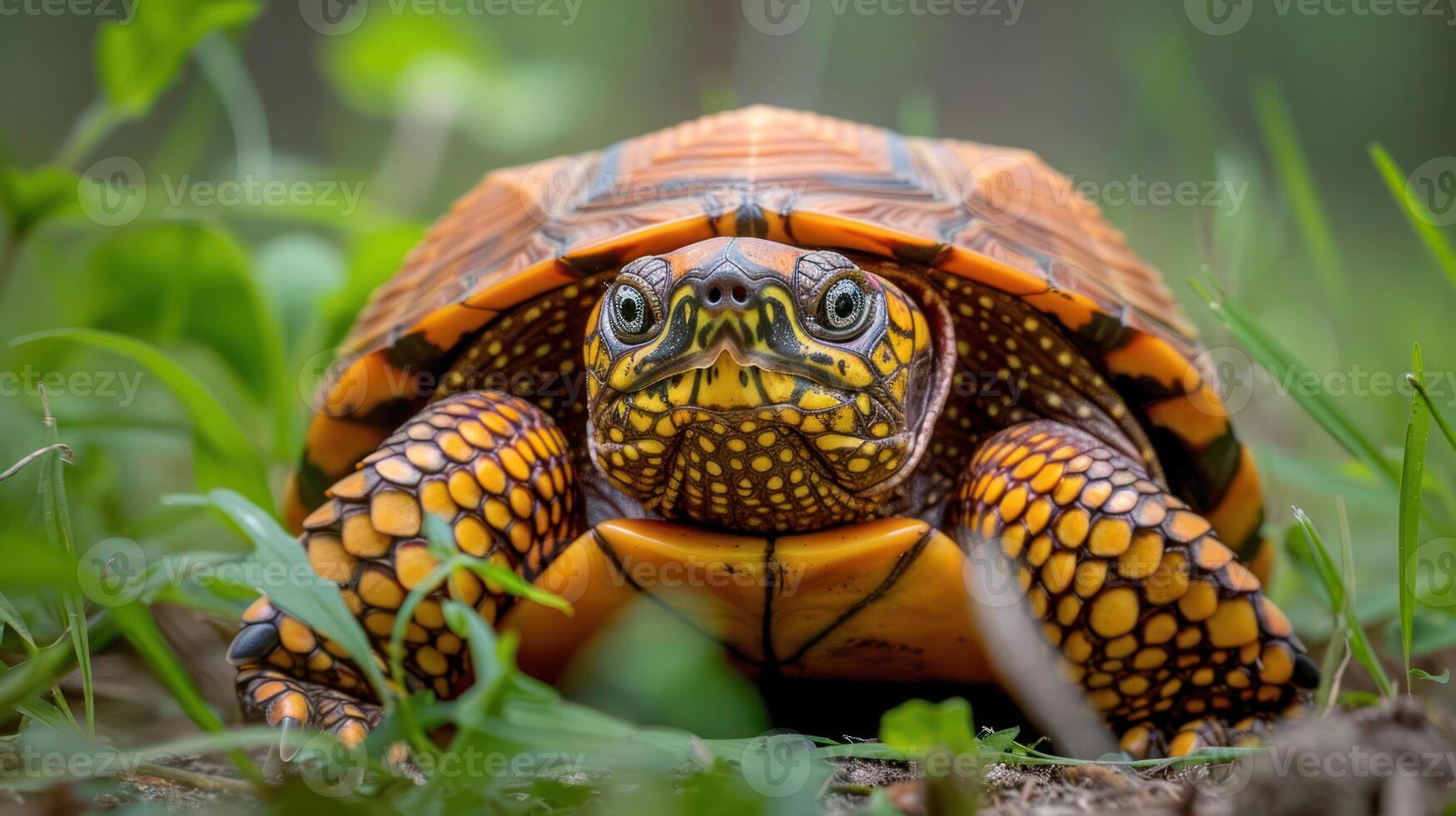 Close-up of a vibrant tortoise on lush green grass, showcasing its intricate shell patterns and surroundings photo